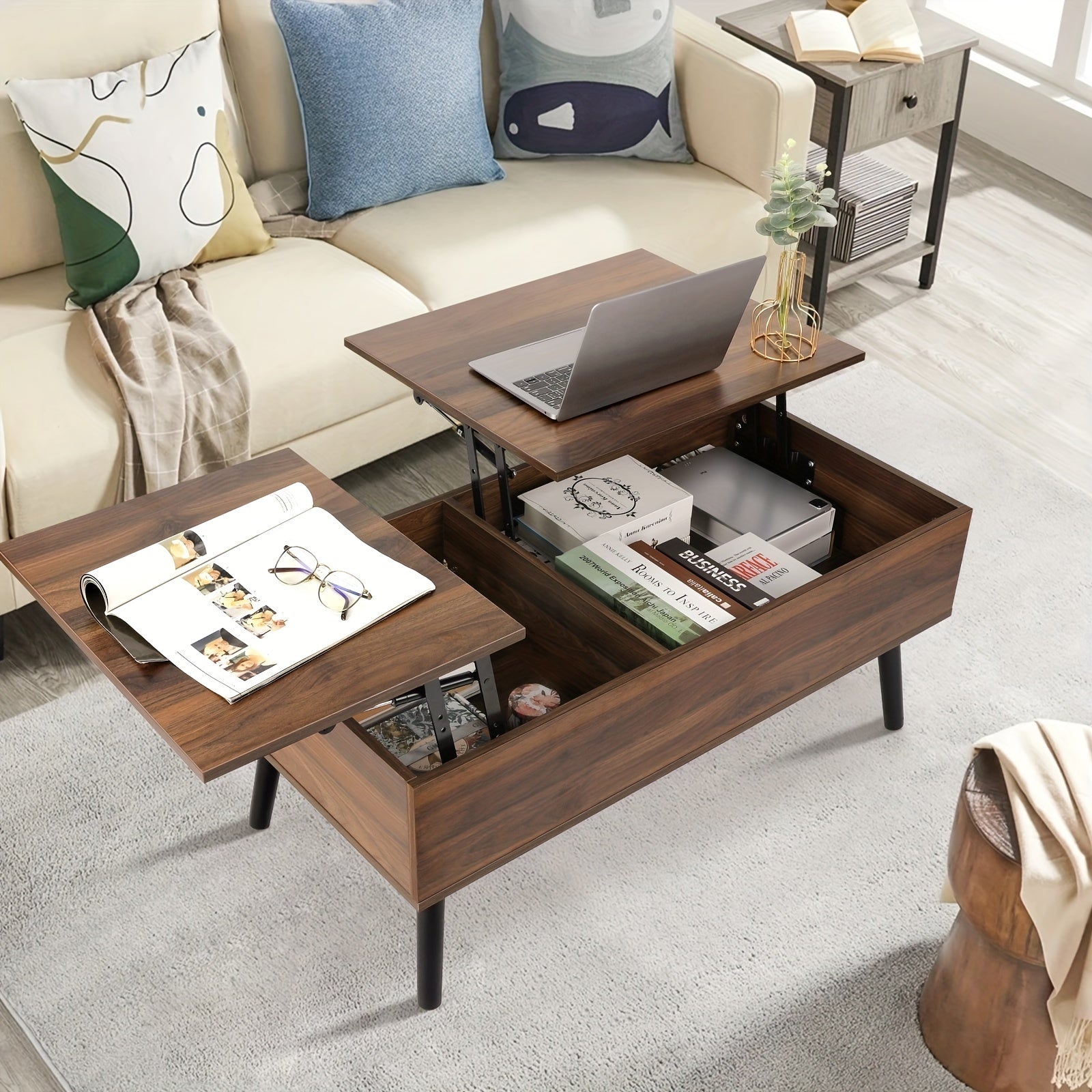 99cm Coffee Table With Double Lifting Tob, Hidden Storage Compartment