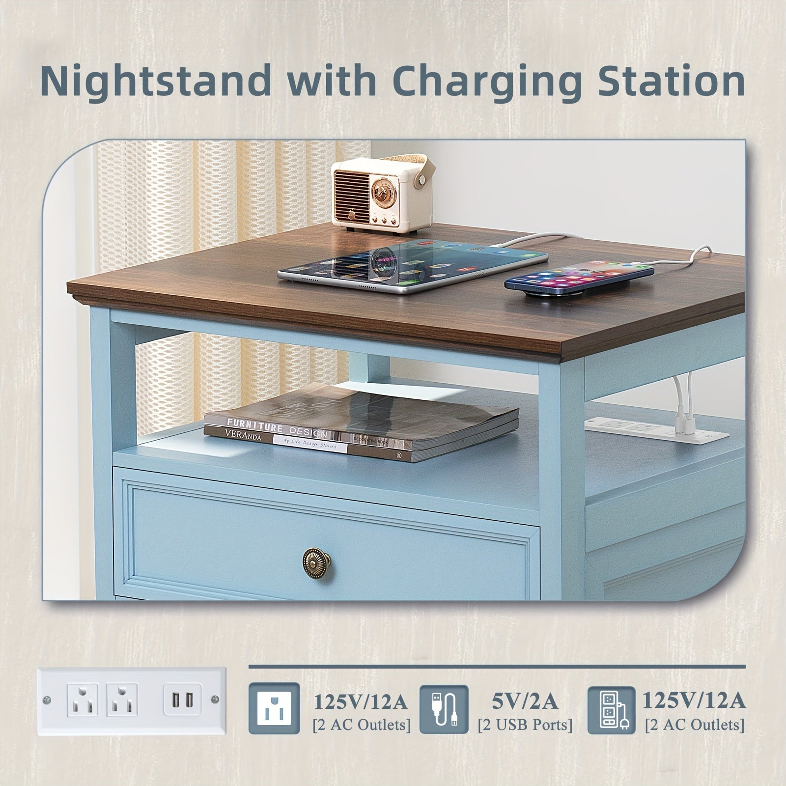 Farmhouse Nightstand With Charging Station, 23.6" Wide End Table With 2 Drawers, Blue Dresser For Bedroom, Bed Side Table Chest Of Drawers Cabinet, Wood Night Stand For Living Room, Closet