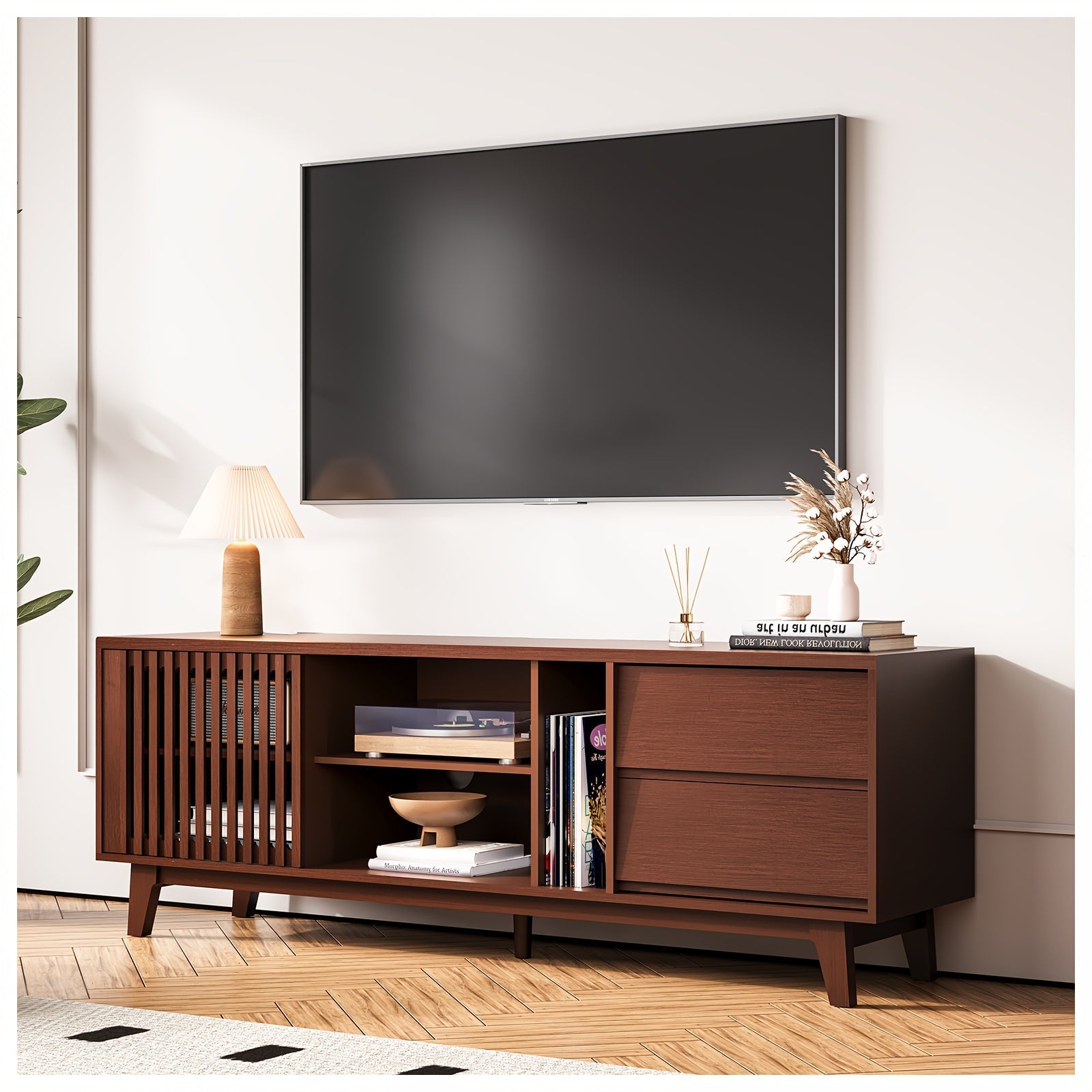 TV Cabinet for 75-inch and above TVs, with 2 drawers in medieval modern design, including storage cabinet in entertainment center, large retro media console, suitable for 66-inch long TV cabinet in living room - Walnut color