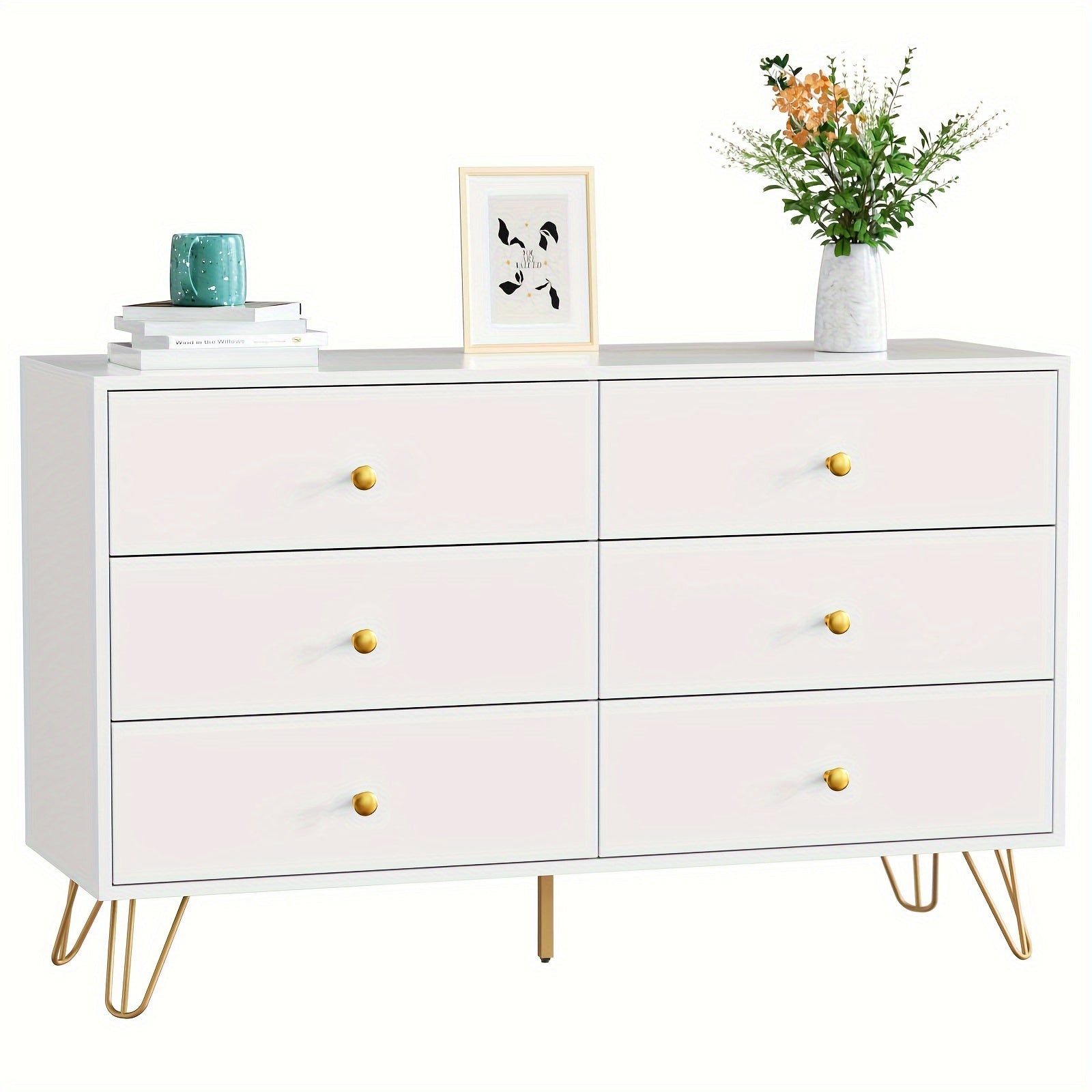 Dresser for Bedroom, 6 Drawer Dresser with Wide Drawers and Gold Metal Handles, Wood Dressers & Chest of Hallway, Entryway.