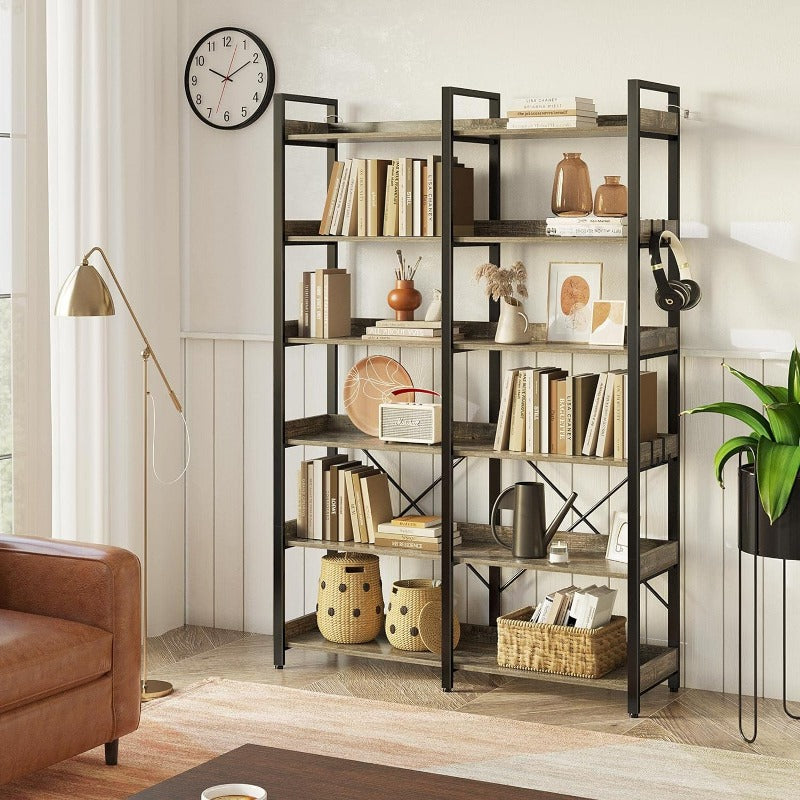 Bookshelf 6 Tier with 4 Hooks, 69 Industrial Wooden Bookcase, Vintage Storage Rack with Open Shelves, Rustic Standing Bookshelves Metal Frame 47.3 Wide Display Rack