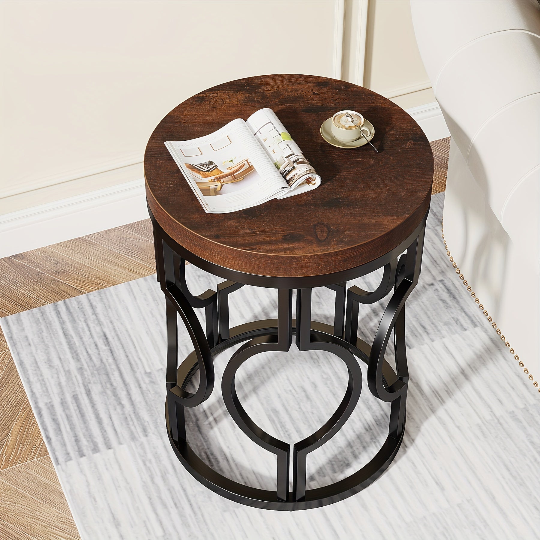 Round End Table, Industrial SideTable With Metal Hollow Frame, Small Bedside Table Nightstand For Living Room, Bedroom, Easy Assembly (Rustic Brown, 1PC)