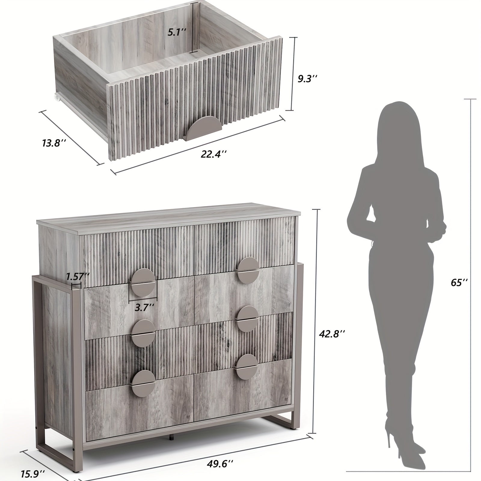 Spacious 8-Drawer Grey Dresser with Fluted Panels - Sturdy Metal Frame, Ideal for Bedroom, Closet, Living Room Storage