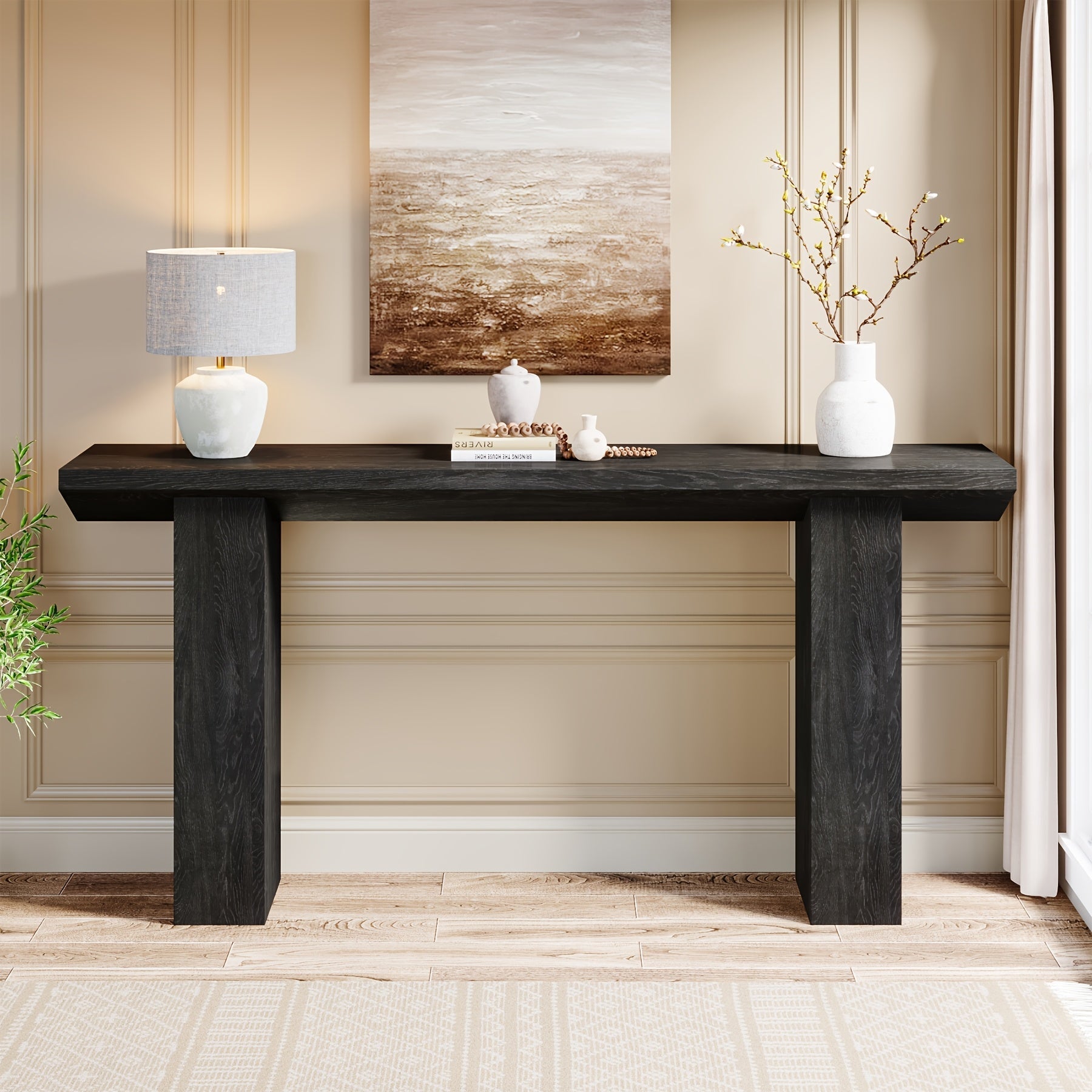 Elegant 160.8 cm Long Farmhouse Console Table - Stain-Resistant MDF, Black Sofa Table with Inverted Triangle Design, Ideal for Entryway, Hallway, Living Room - Durable & Easy to Assemble