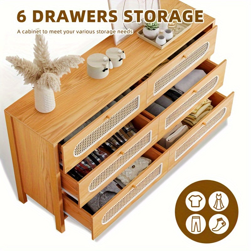 6 Drawer Dresser, 120cm Rattan Double Dresser with Handles, 3 Layers Chest of Drawers for Bedroom, Living Room, Oak Color