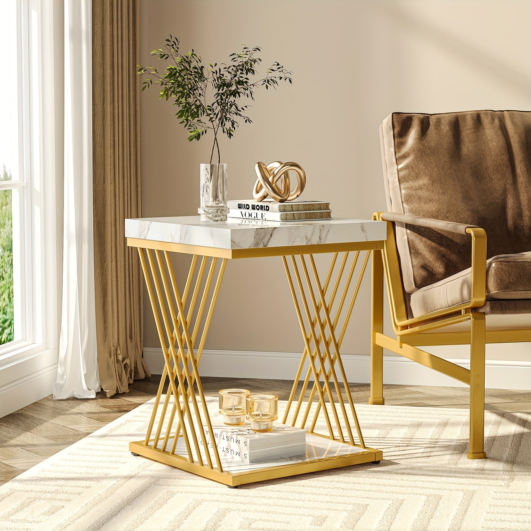 Square Side Table, White Golden End Table, 2-Tier End Table, Modern Bedside Table, Small Side Table with Storage for Couch, Sofa Side Table with Metal Frame for Living Room