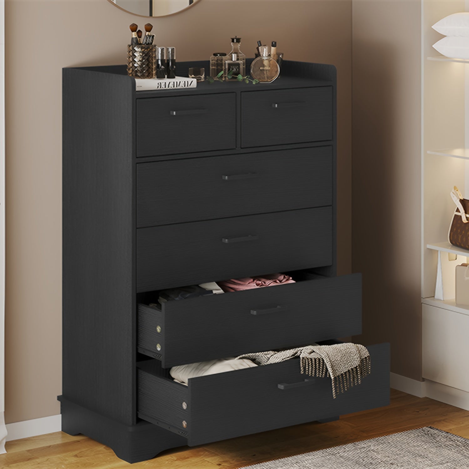 Black 6 Drawer Dresser Modern Chest of Drawers Storage Organizer for Bedroom Living Room