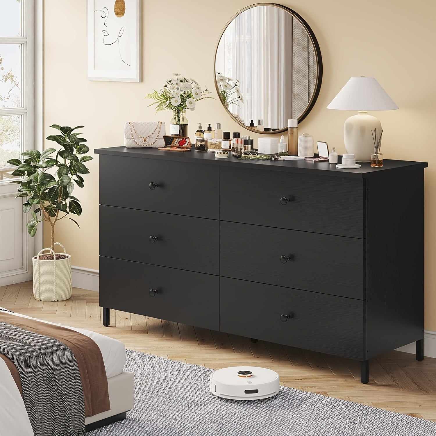 6 Drawers Dresser With Steel Frame, Modern Chest Of Drawers For Bedroom Living Room, Black