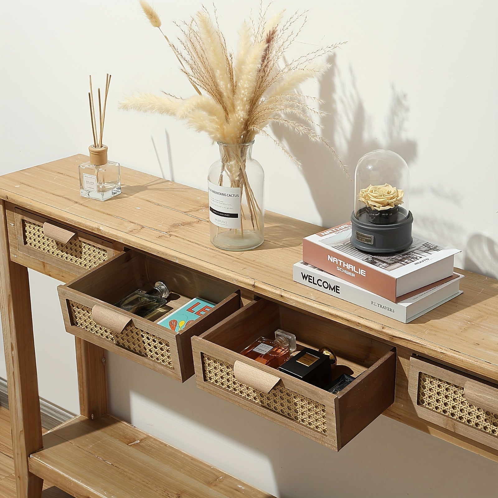 152 cm Farmhouse Console Table With 4 Rattan Drawers, Narrow Boho Foyer Table With Open Storage Shelves For Entryway, Hallway, Living Room