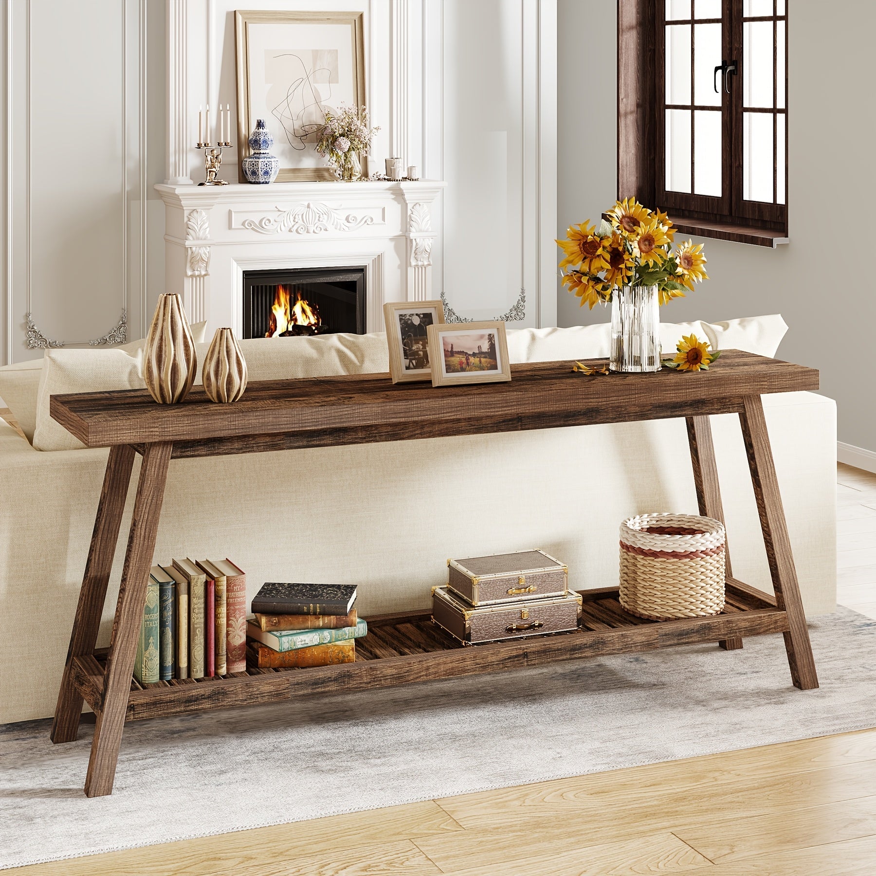 Chic Rustic Brown Farmhouse Console Table - 180 cm Long, 2-Tier Narrow Design with Ample Storage, Durable Engineered Wood Construction, Perfect for Entryway, Hallway, Living Room, or Bedroom Decor, Living Room Decor | Elegant Co