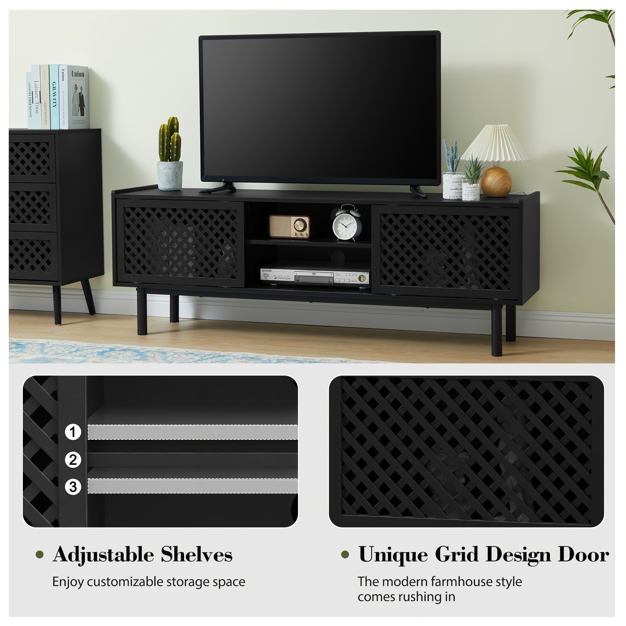 Modern Farmhouse TV Stand For TVs Up To 70 Inch, Entertainment Center With Adjustable Shelf And Cord Holes, 2 Cabinets TV Console With Grid Sliding Door, Media Console For Living Room