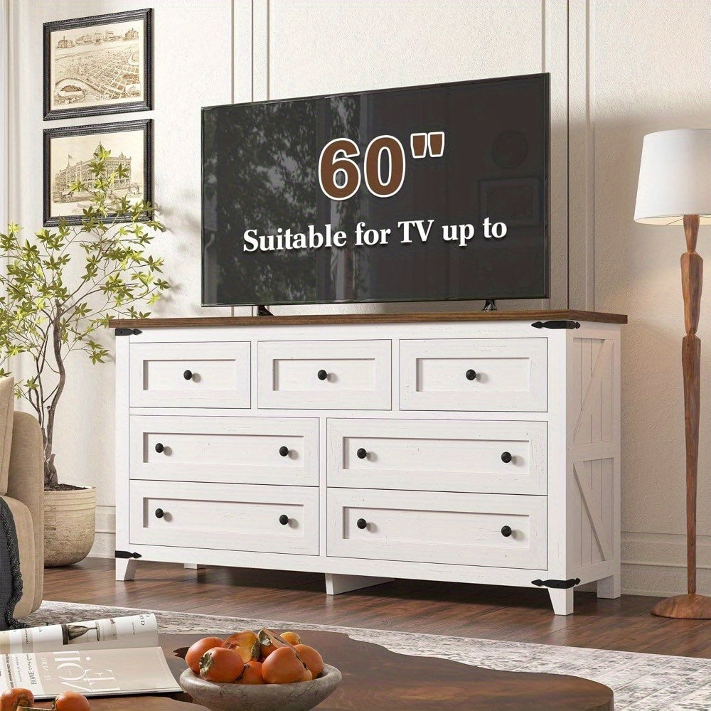 Chic Farmhouse 130cm White Wooden Dresser with 7 Drawers - Spacious Bedroom Organizer, TV Stand & Closet Storage Solution