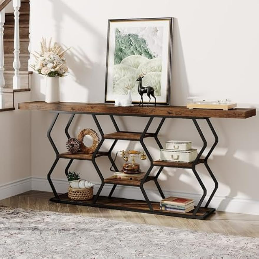 5-Tier Extra Long Console Table with Shelves, Narrow Sofa Table Behind Couch with Storage, Industrial Entryway Table TV Stand Accent Table for Living Room Hallway Foyer, Rustic Brown & Black (Converted to cm)