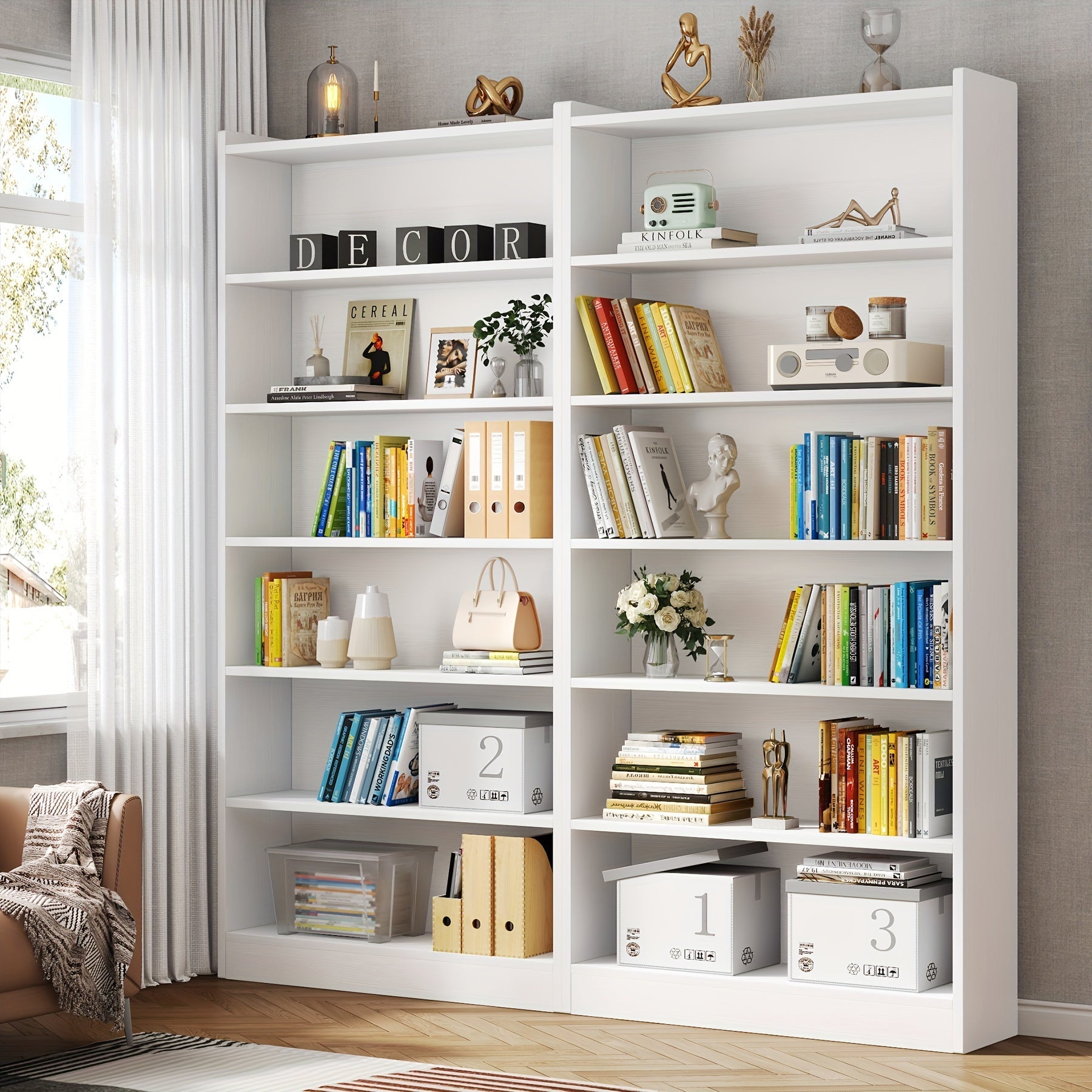 198cm Bookcase, Modern 7-Tier White Library Bookshelf with Storage Shelves, Large Open Bookcases Wood Display Shelving Unit for Bedroom Living Room Office