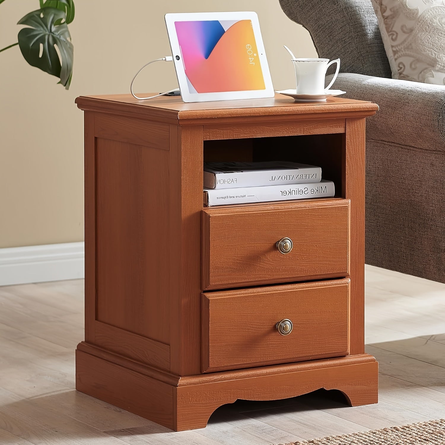 Nightstand With Charging Station, 45cm Vintage End Table With 2 Drawers, Wood Rustic Sofa Side Table With Open Storage Shelf For Bedroom, Living Room