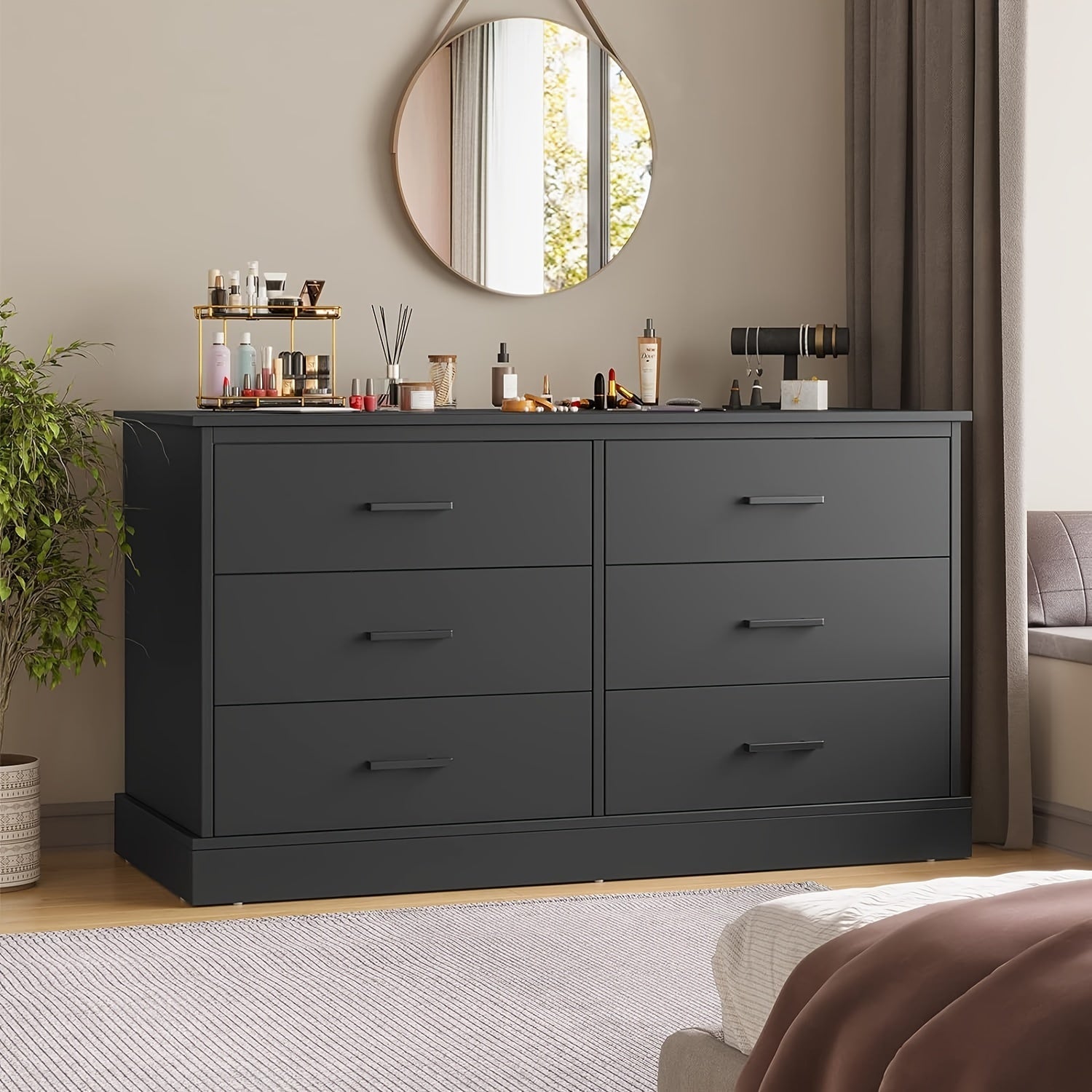 Black Double Dresser with 6 Drawers, Modern Large Chest of 6 Drawers Storage Cabinet for Bedroom Hallway