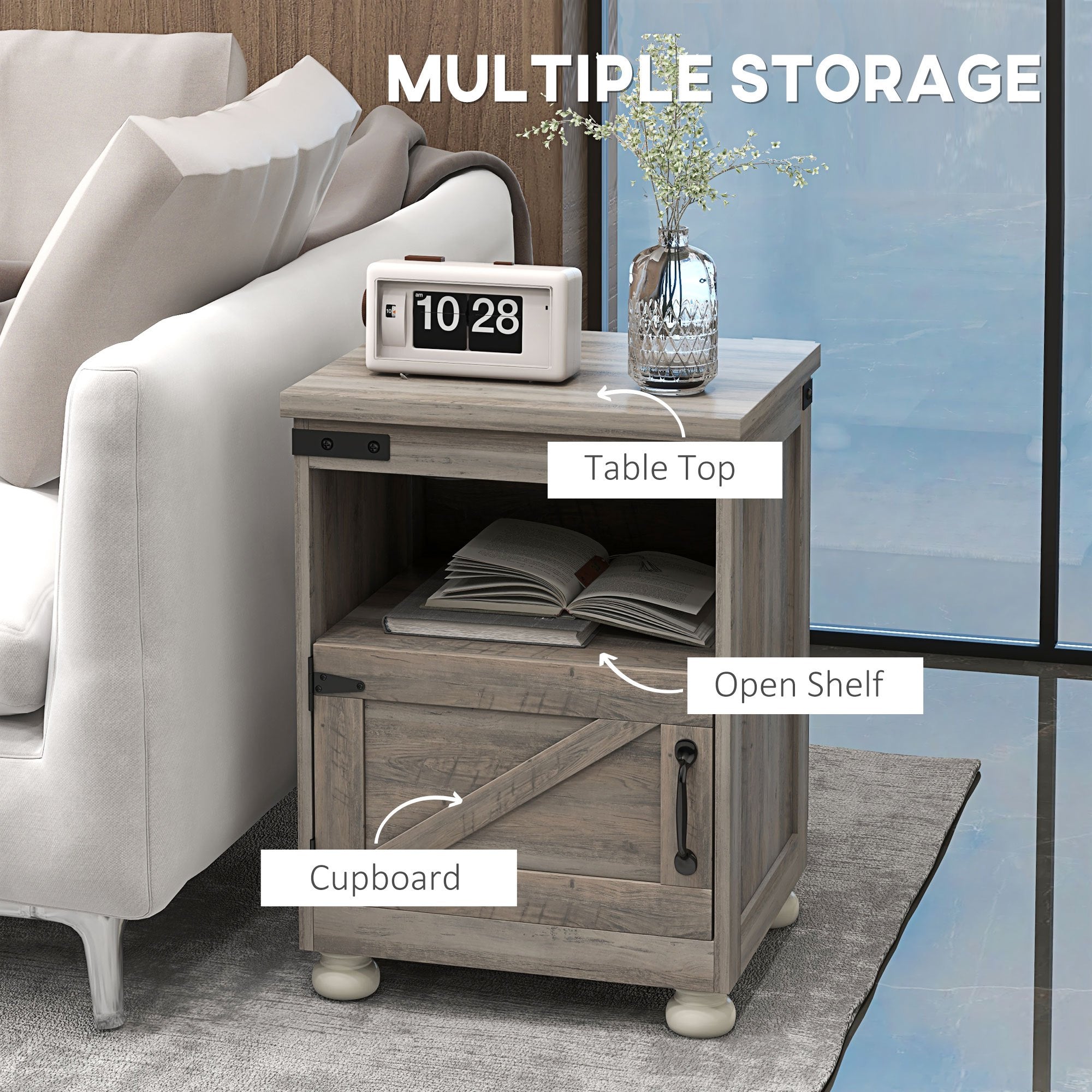 Small Side Table with Storage, Farmhouse End Table with Open Shelf and Cupboard, Modern Sofa Table with Wood Legs for Living Room