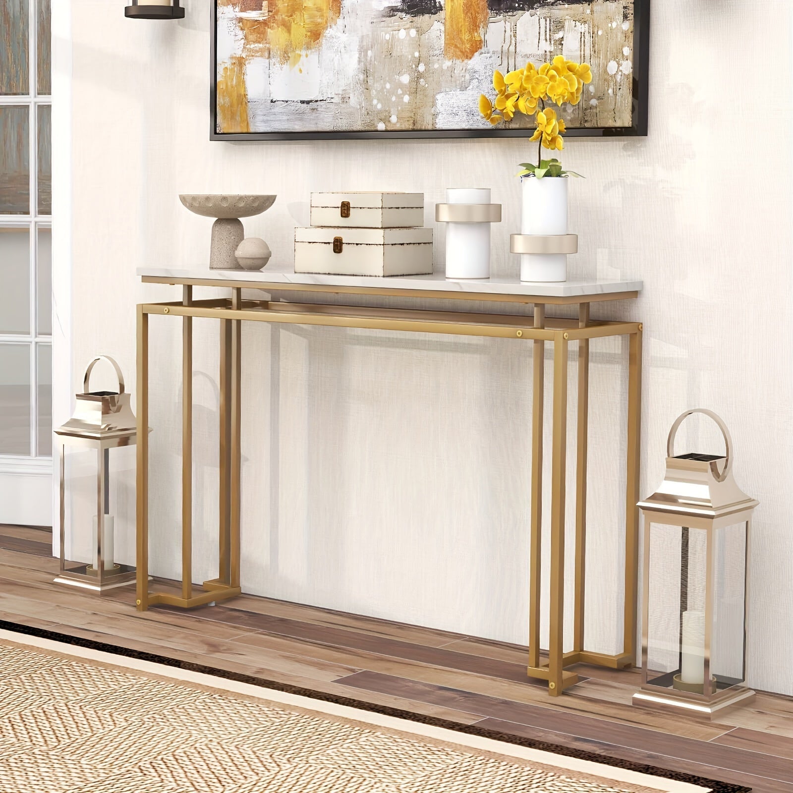 Elegant 120 cm White Faux Marble Top Console Table with Golden Metal Frame - Modern Entryway Table with Anti-Toppling Kit, Adjustable Feet for Stability, Waterproof & Durable - Perfect for Decor & Everyday Use, Console Table for