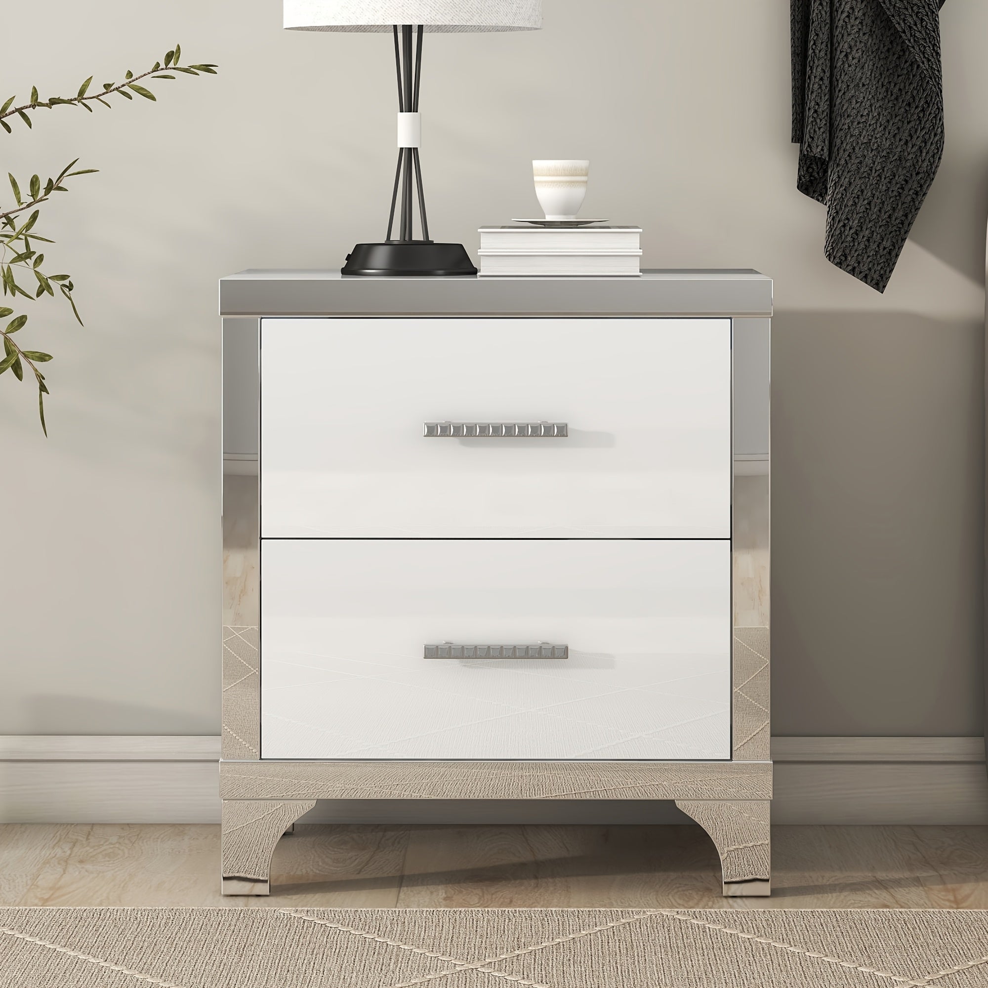 Elegant High Gloss Nightstand With Metal Handle, Mirrored Bedside Table With 2 Drawers For Bedroom, Living Room