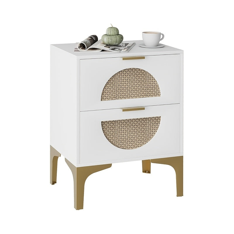 Rattan Nightstand With 2 Drawers, Wooden Boho Side Table With Storage, Bedside End Table For Bedroom, Dorm And Small Spaces (White)