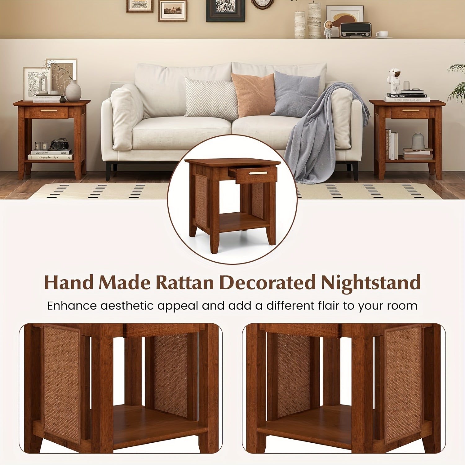 Rattan Nightstand With Drawer, Mid Century End Table With Storage Shelf, Sofa Side Table With Solid Rubber Wood Legs, Square Bedside Table For Bedroom, Small Spaces, Walnut