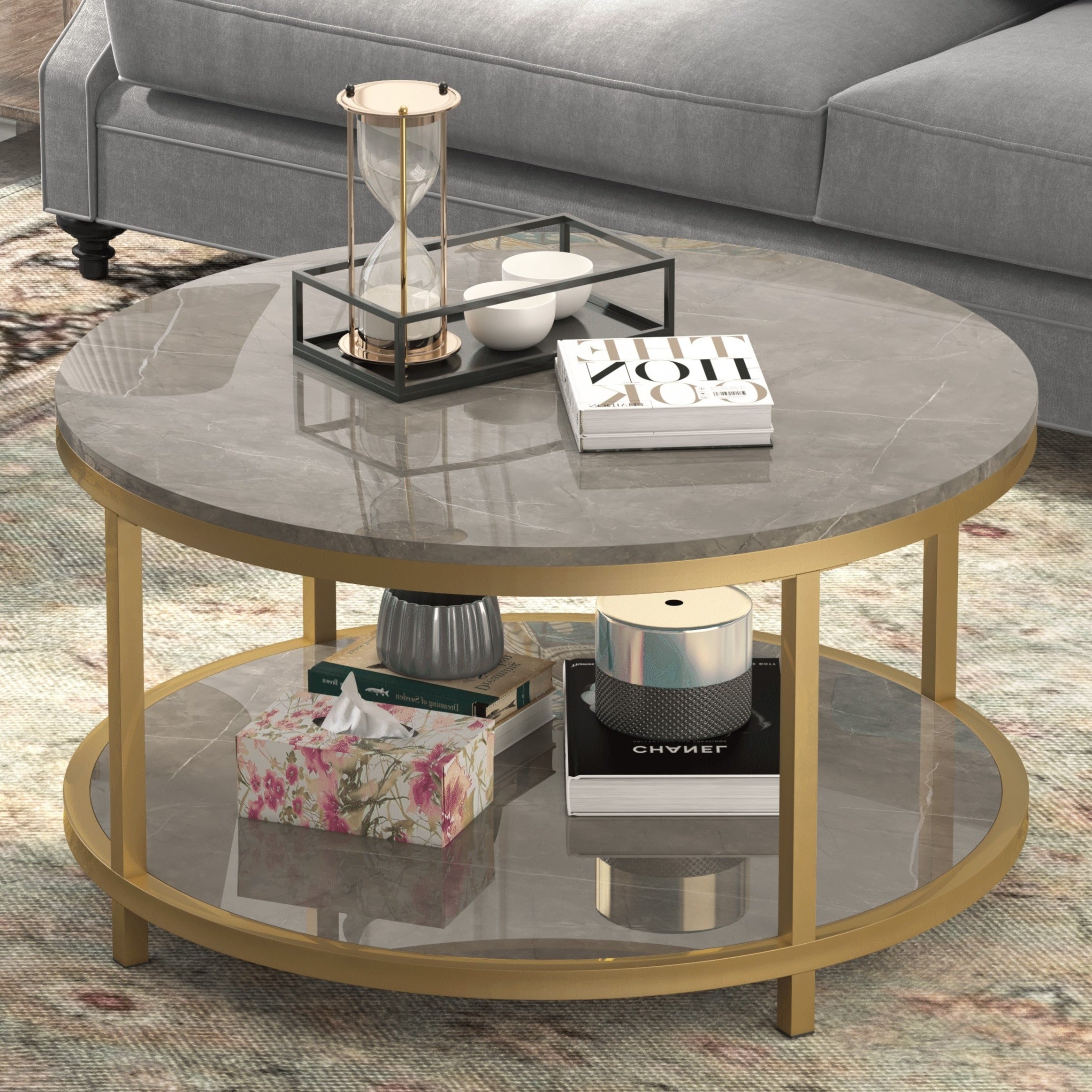 Round Coffee Table 86cm Coffee Tables for Living Room High Glossy Faux Balck Marble Top Modern Circle Table Sturdy Golden Metal Frame Legs Cocktail Table with Storage Open Shelf