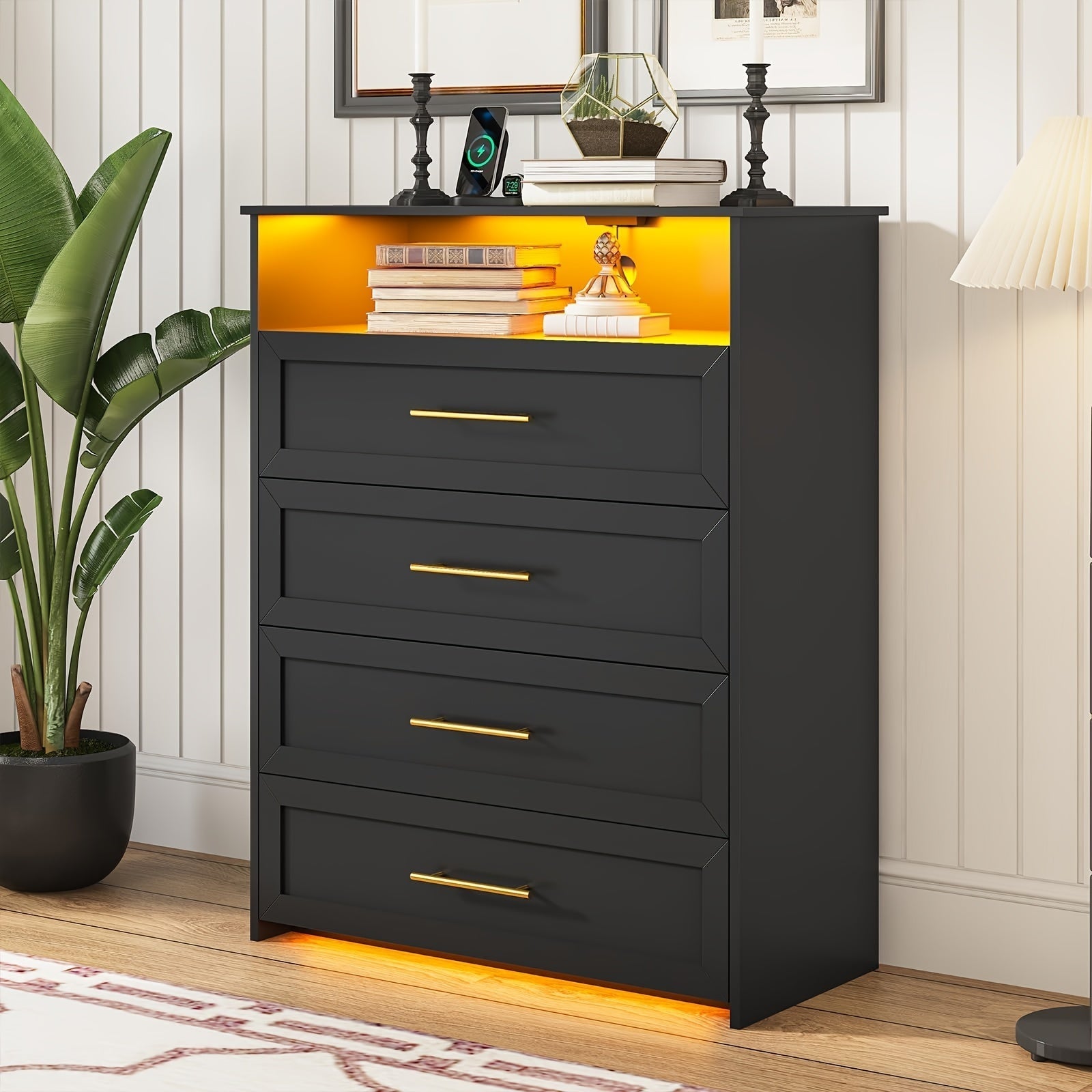 Vanity Dresser 101cm Tall Wood Chest Of Drawers, 4 Drawers Dresser For Bedroom With Metal Handle, Black Storage Dresser For Closet Bedroom Living Room, Open Storage