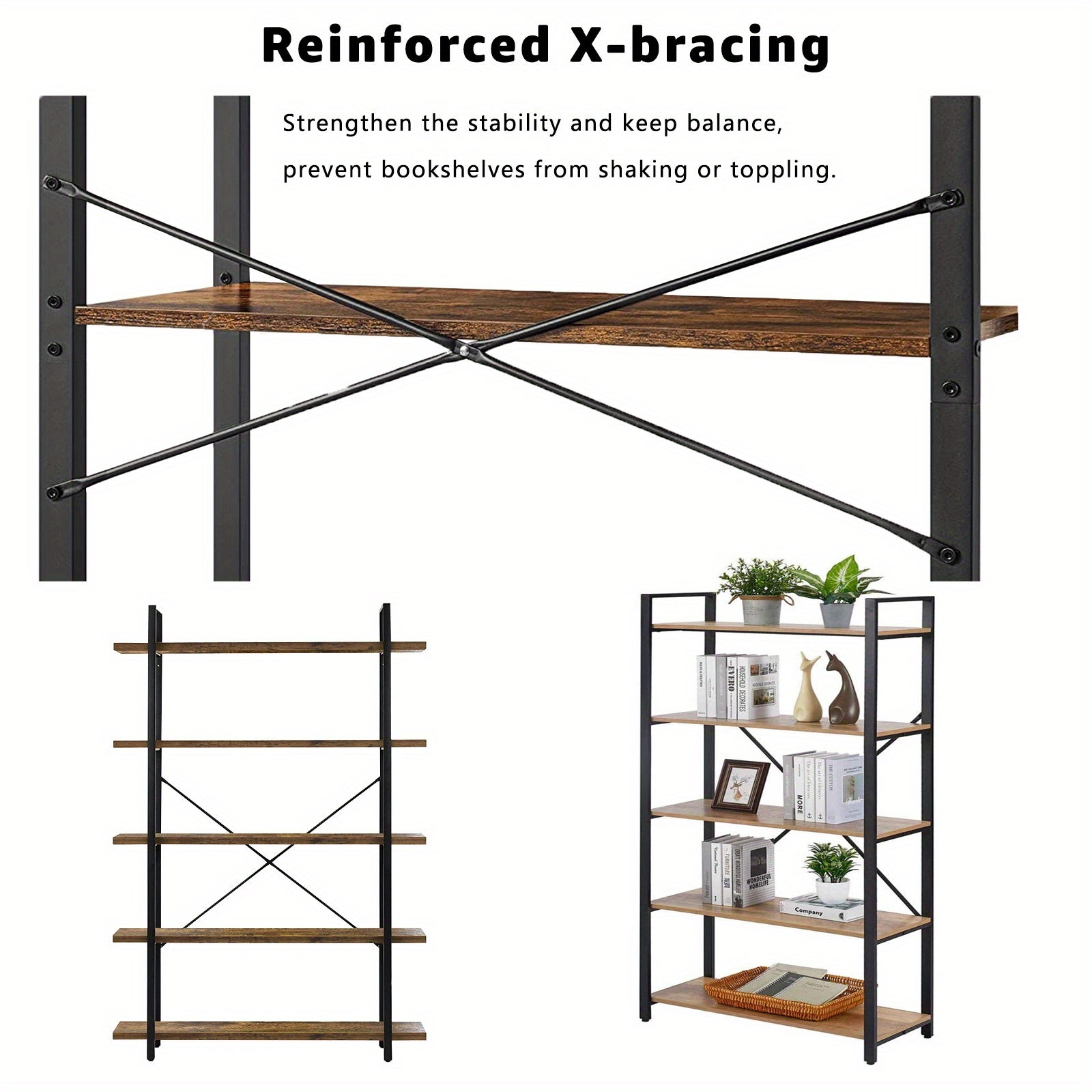 5 Tier Bookshelf, 2 Mounting Approaches, Industrial Etagere Bookcase with Metal Frame, Rustic Tall Book Shelf Unit for Living Room, Study, Home Office (1, Rustic)