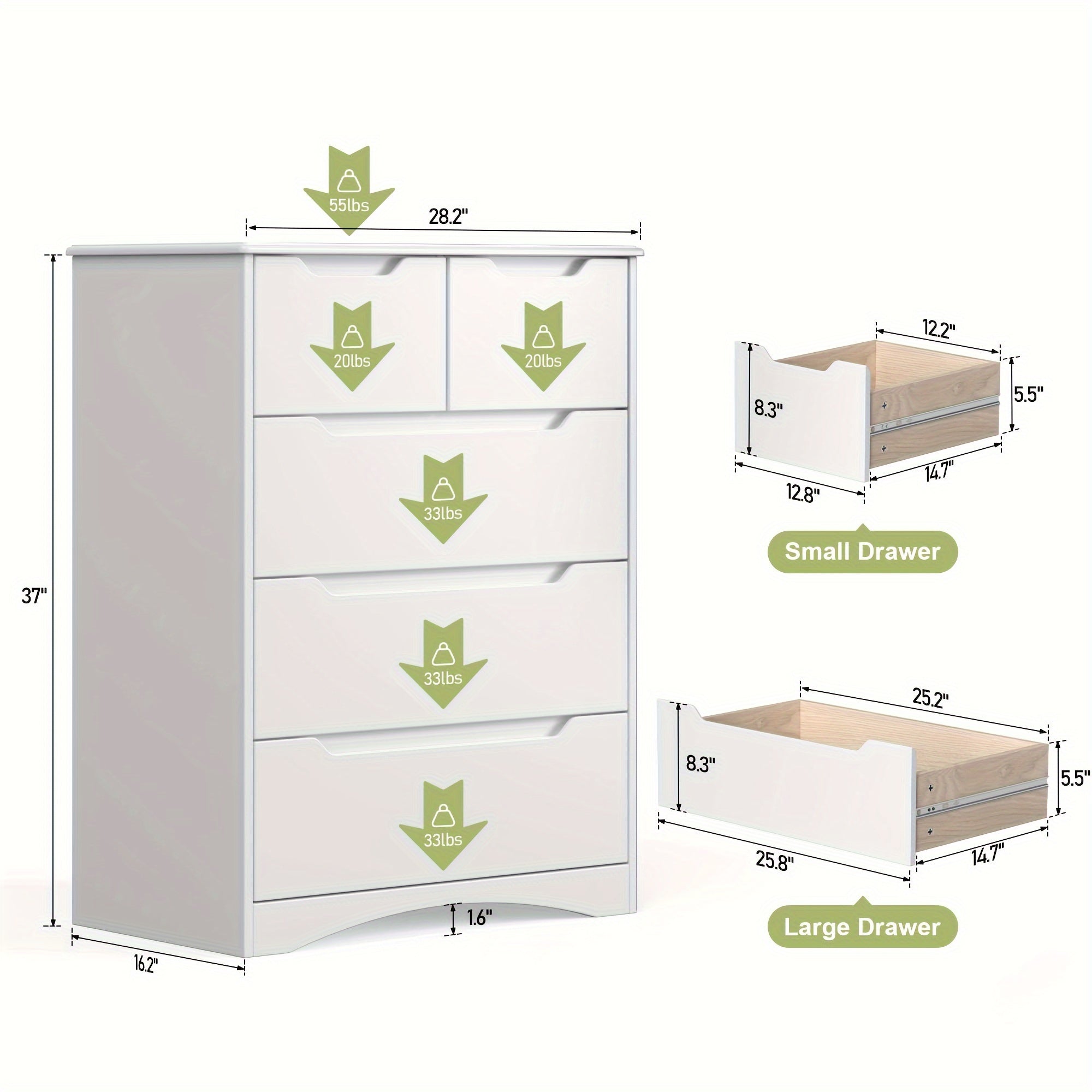 Dresser For Bedroom, 3 Drawers Dresser, 4 Chest Of Drawers, 5 Drawers Chest, White Dresser For Dedroom With Embedded Handle, Sturdy Anti-Tripping Device, Chest Of Drawers With Large Storage Capacity For Hallway, Office, Livin