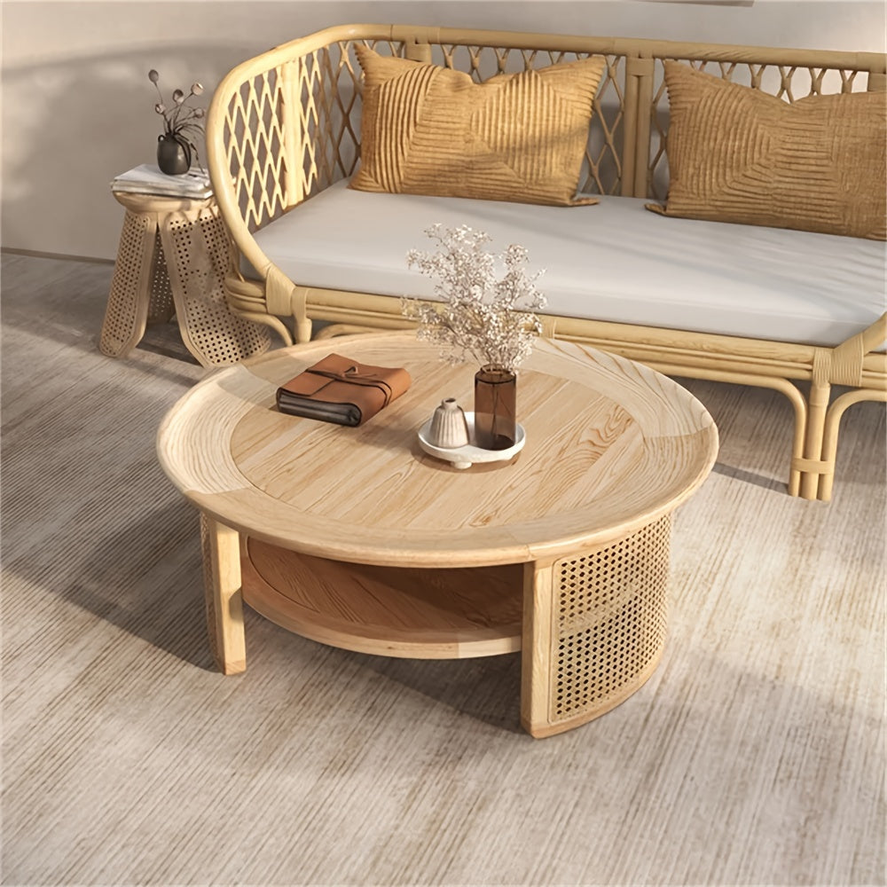 1pc Classic Round Coffee Table - Space-Saving Hardwood & Rattan Center Table with Engineered Wood Frame and Oak Finish for Living Room