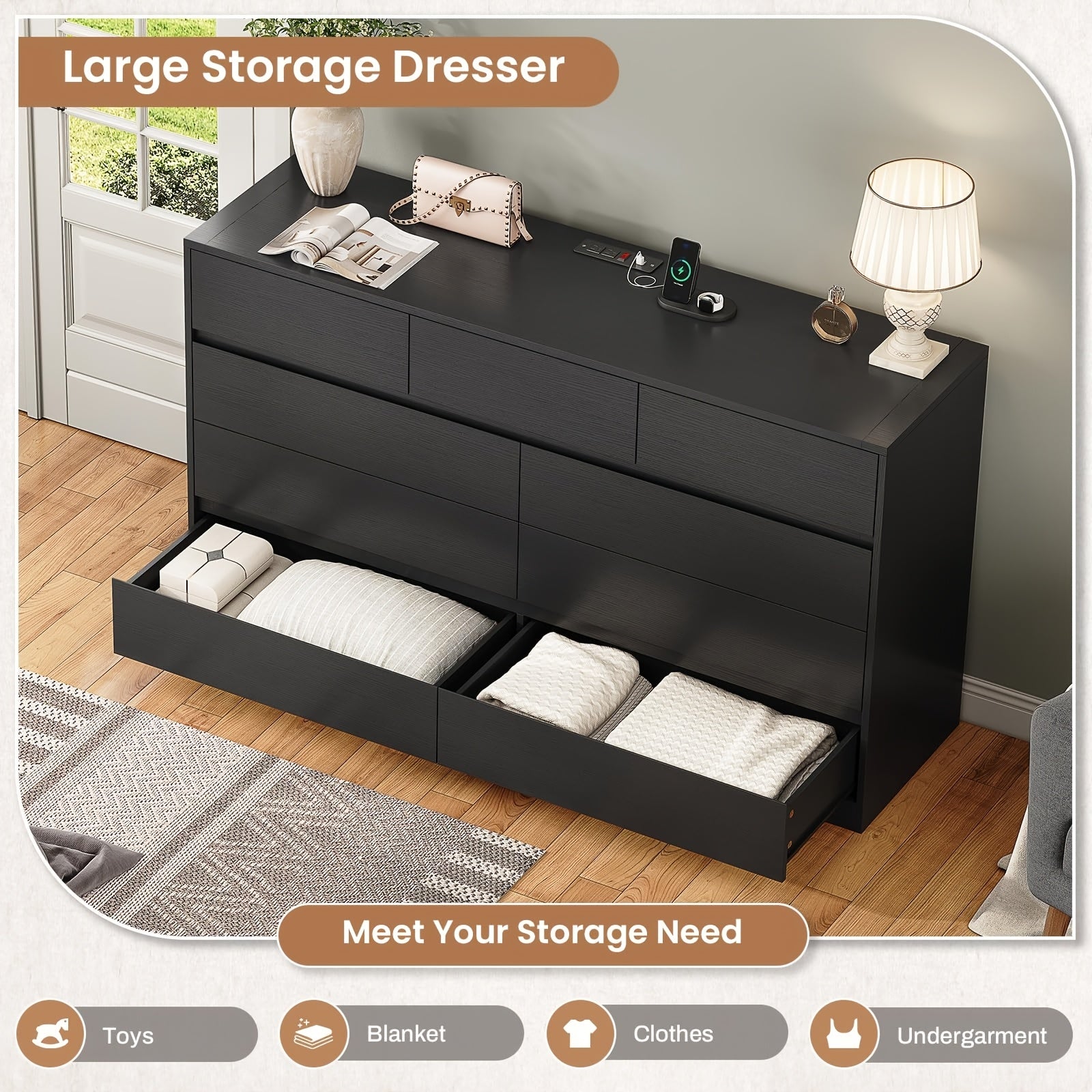 Black Vanity Dresser For Bedroom, 140cm Long Dresser With 9 Drawers, Dressers & Chest Of Drawers, Handle Free Drawers For Bedroom Living Room, Black