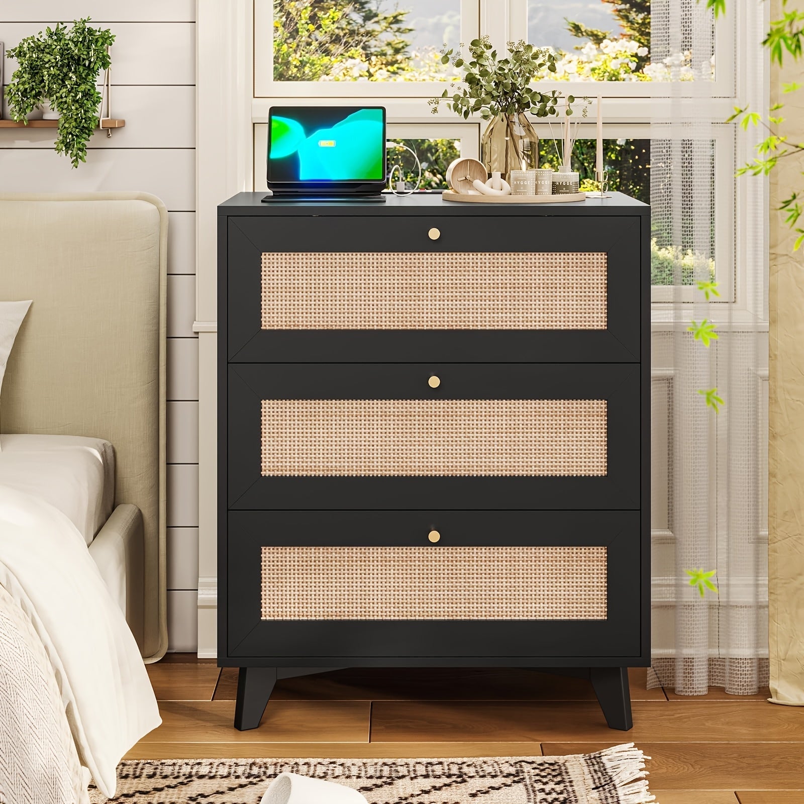 Boho Rattan Nightstand with 3 Drawers - Modern Metal Bedside End Table, Space-Saving Design for Bedroom