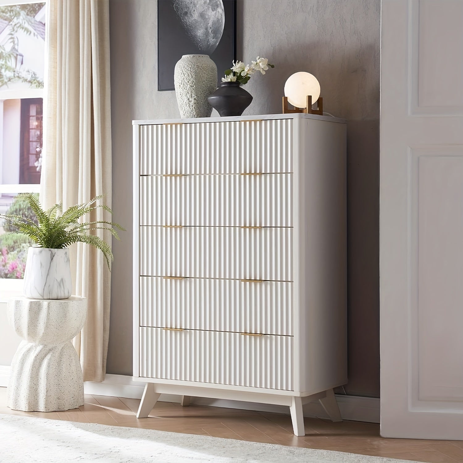 Fluted 5 Drawers Dresser, 122cm Tall Modern Chest Of Drawers With Faux Marble Top, Curved Profile Design, Wood Drawer Organizer For Bedroom, Living Room, Hallway, Entryway