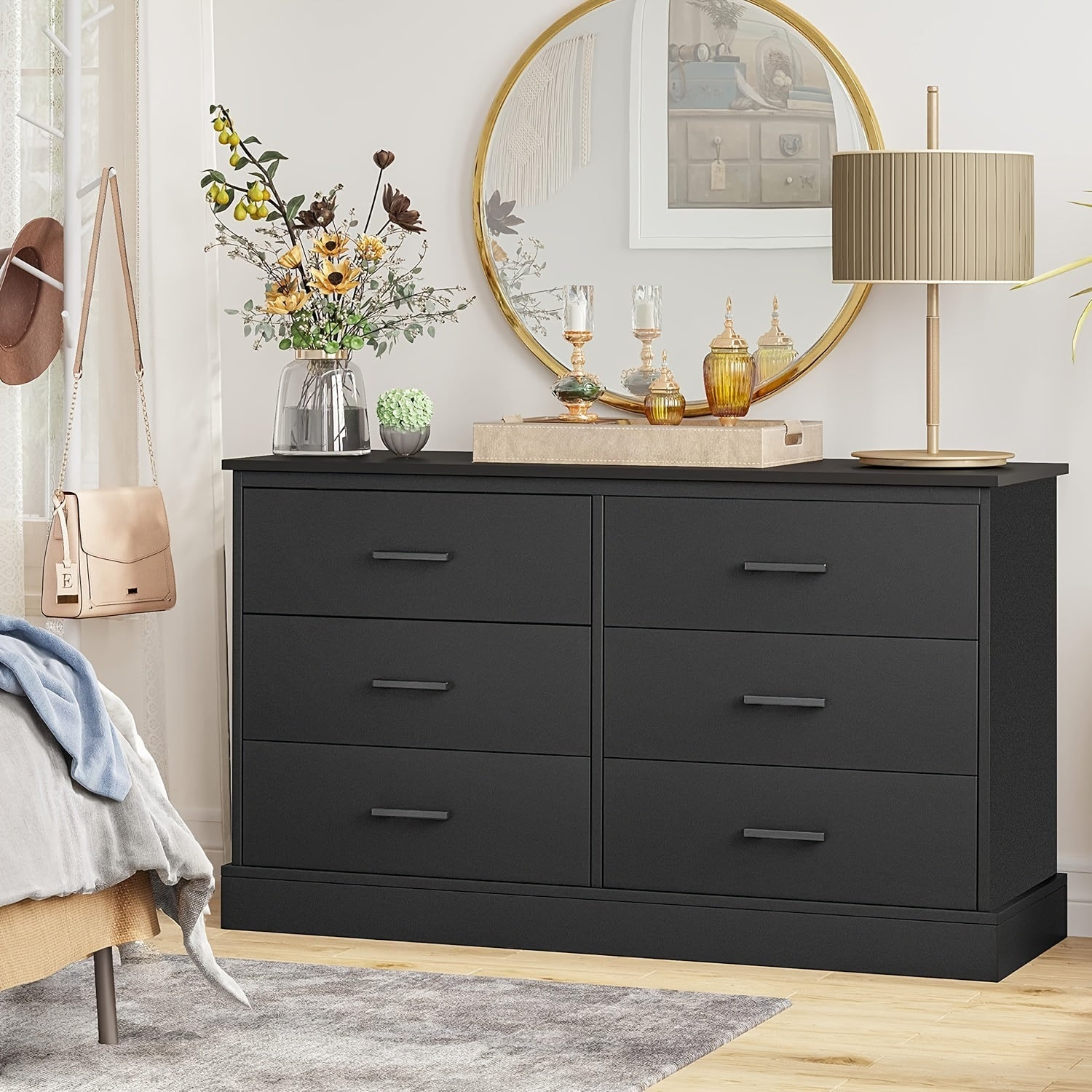 Black Double Dresser with 6 Drawers, Modern Large Chest of 6 Drawers Storage Cabinet for Bedroom Hallway