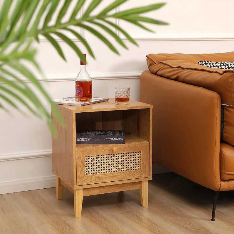 Nightstand with Natural Rattan Door Rattan Drawer; Wooden Bedside Table End Table for Living Room and Bedroom