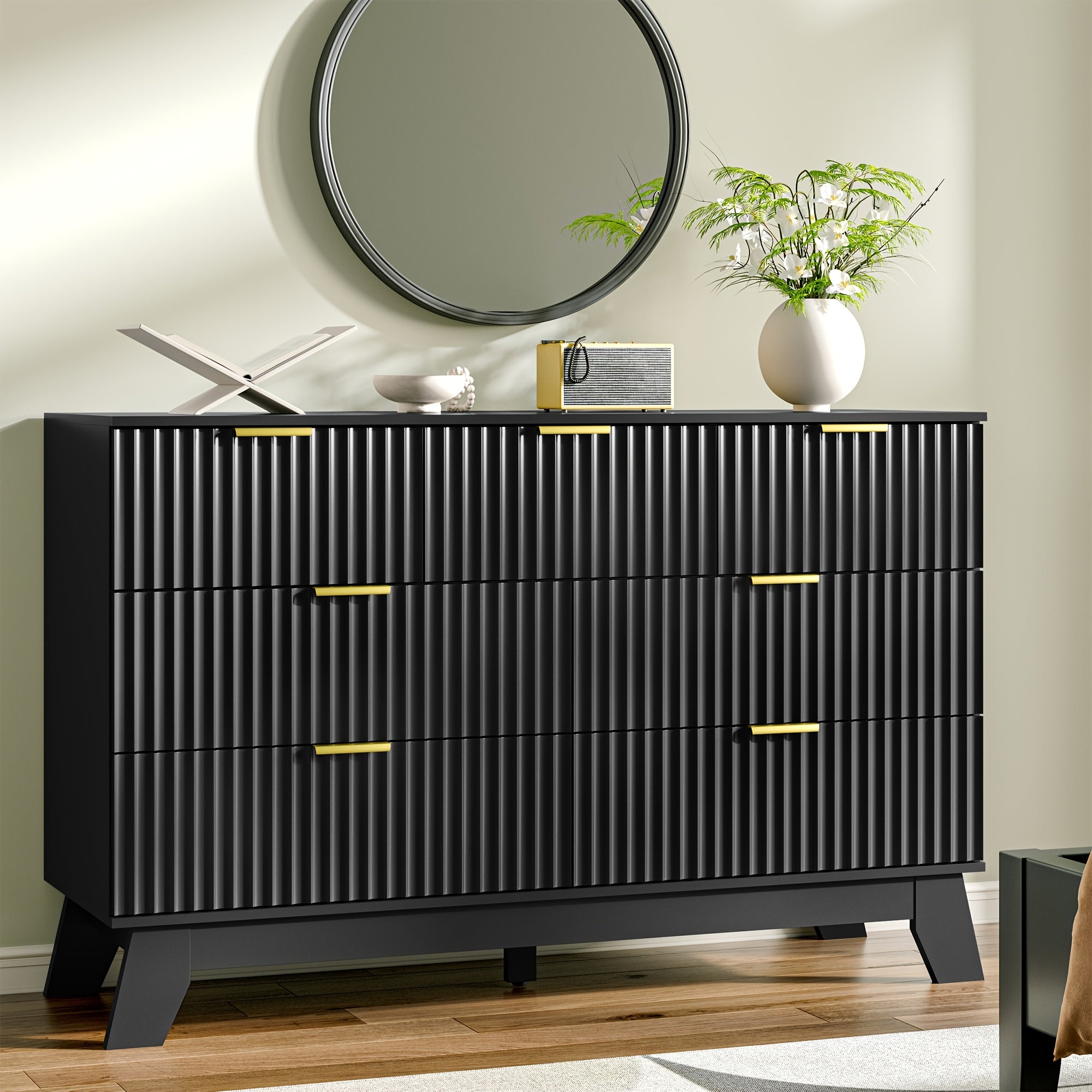 Elegant 7-Drawer White Wood Dresser with Golden Handles - Modern Fluted Design, Medium-Density Fiberboard, Sleek Black Interior for Bedroom & Entryway Storage, Dresser for Bedroom