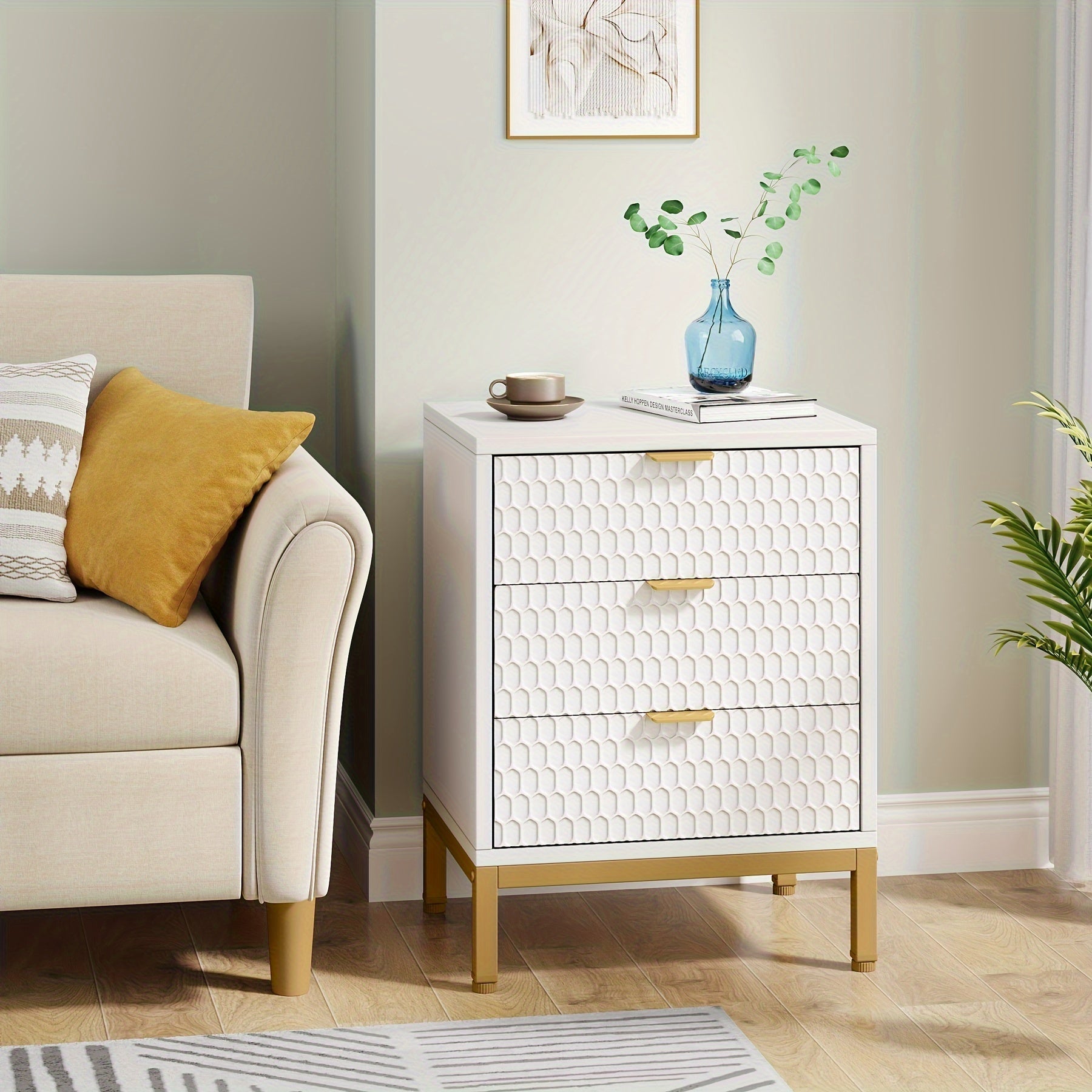 Modern 3 Drawers Nightstand Golden White Bedside Chair Side End Table With Storage For Living Room