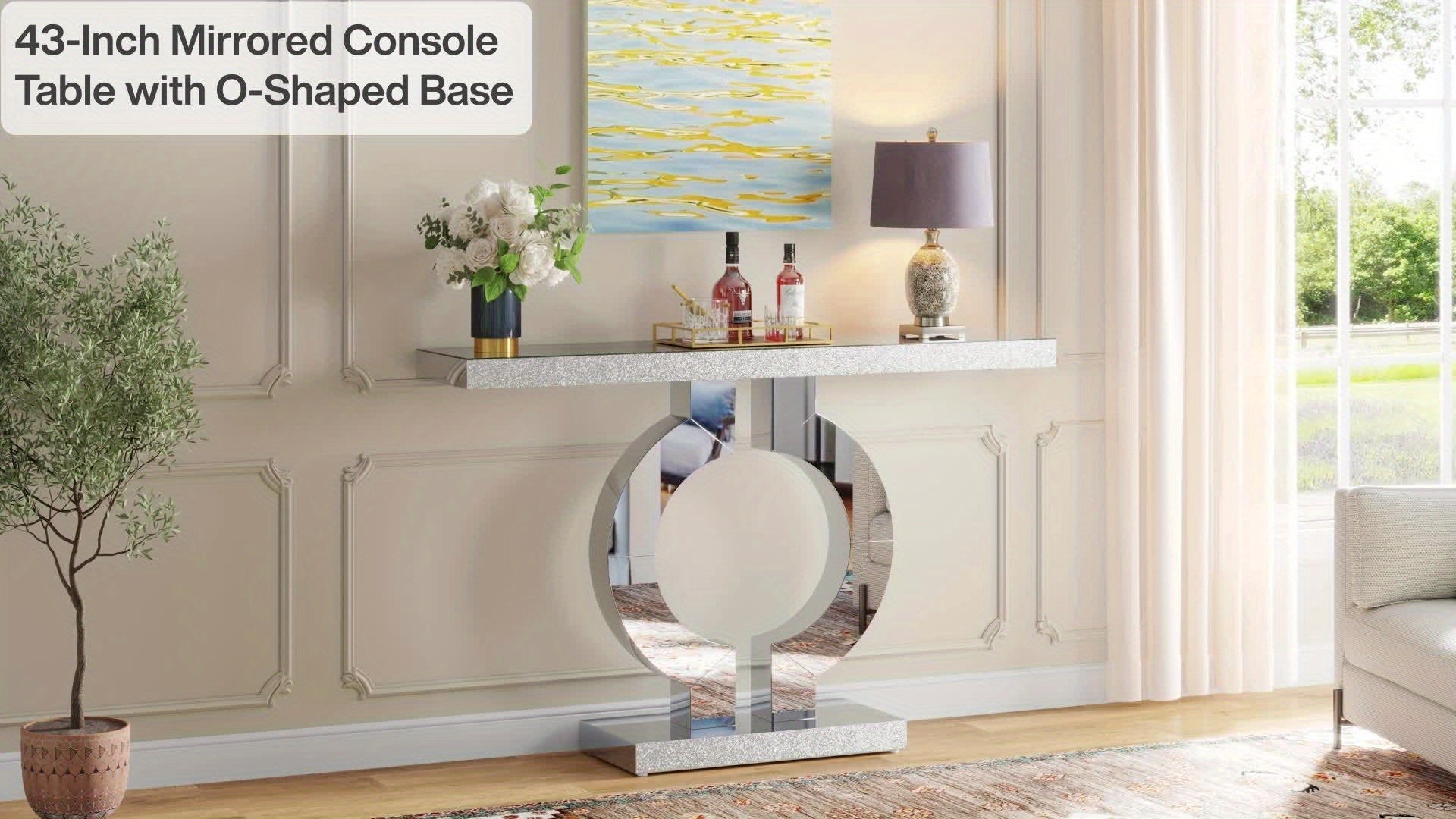 109.22 cm Mirrored Entryway Console Table with O-shape, Modern Slim Silvery Glass Sofa Table for Foyers or Living Rooms