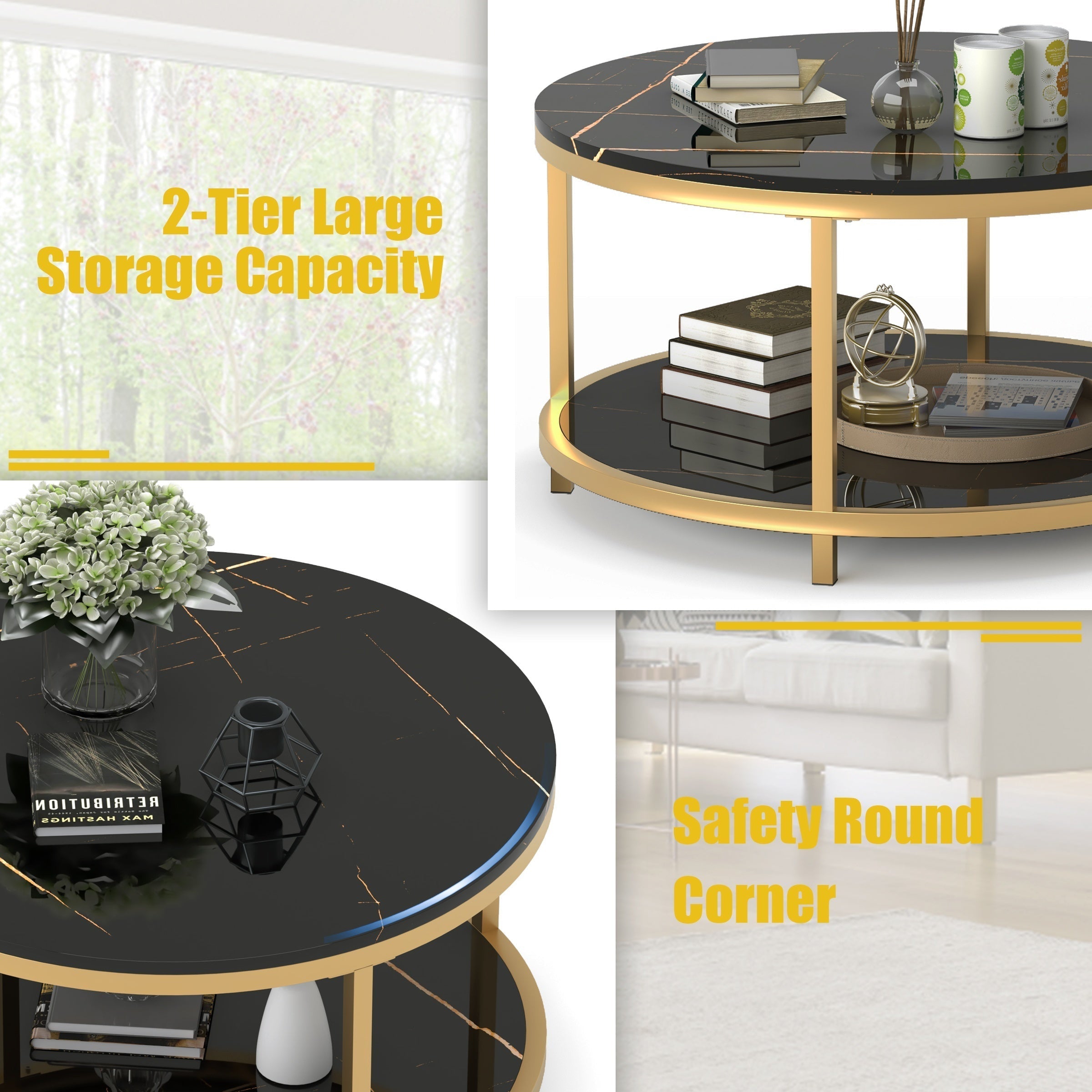 Round Coffee Table 86cm Coffee Tables for Living Room High Glossy Faux Balck Marble Top Modern Circle Table Sturdy Golden Metal Frame Legs Cocktail Table with Storage Open Shelf