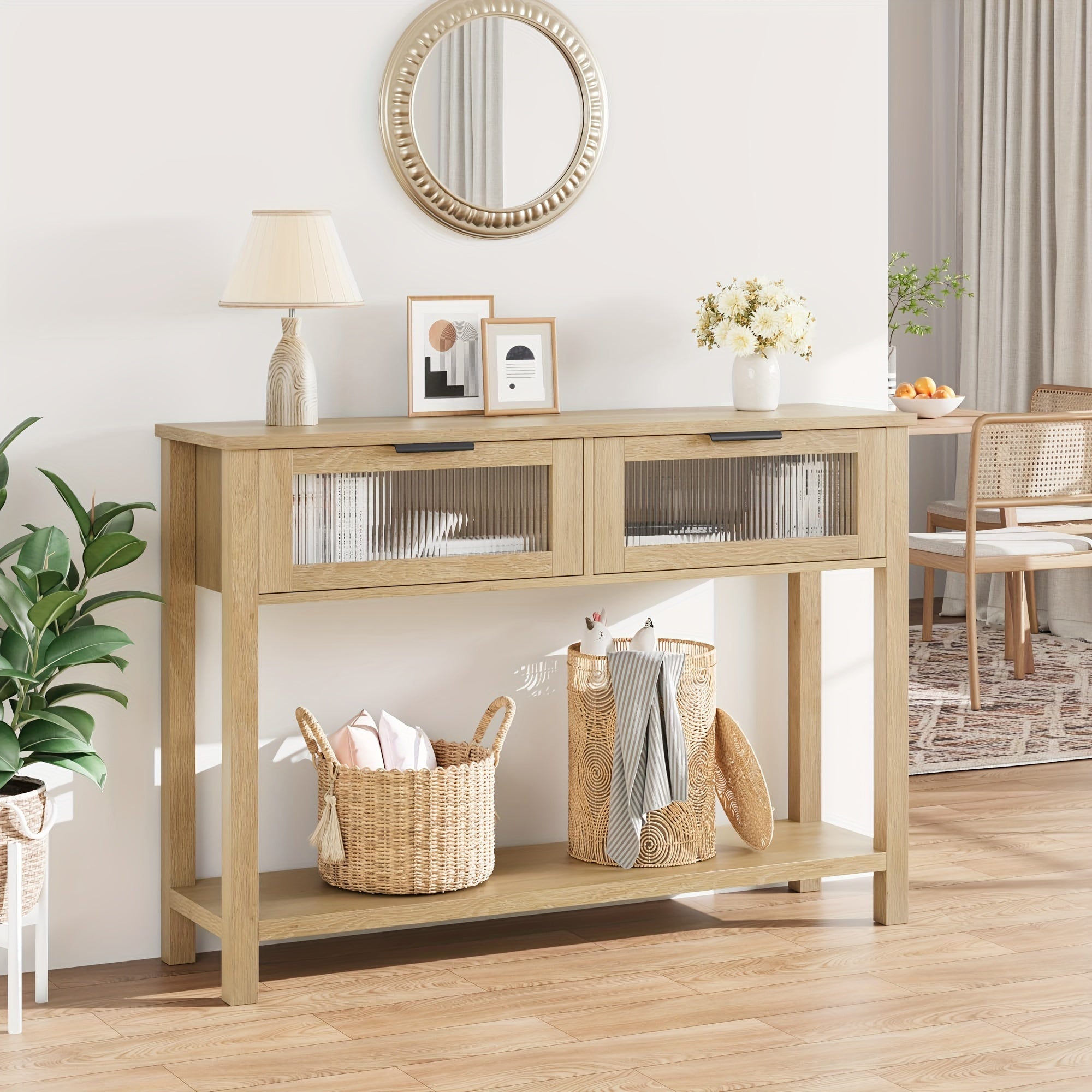 Entryway Table, 2 Tier Console Table with Storage, Wood Sofa Table with 2 Glass Drawers for Entryway, Hallway, Living Room - Burlywood (Dimensions in cm)