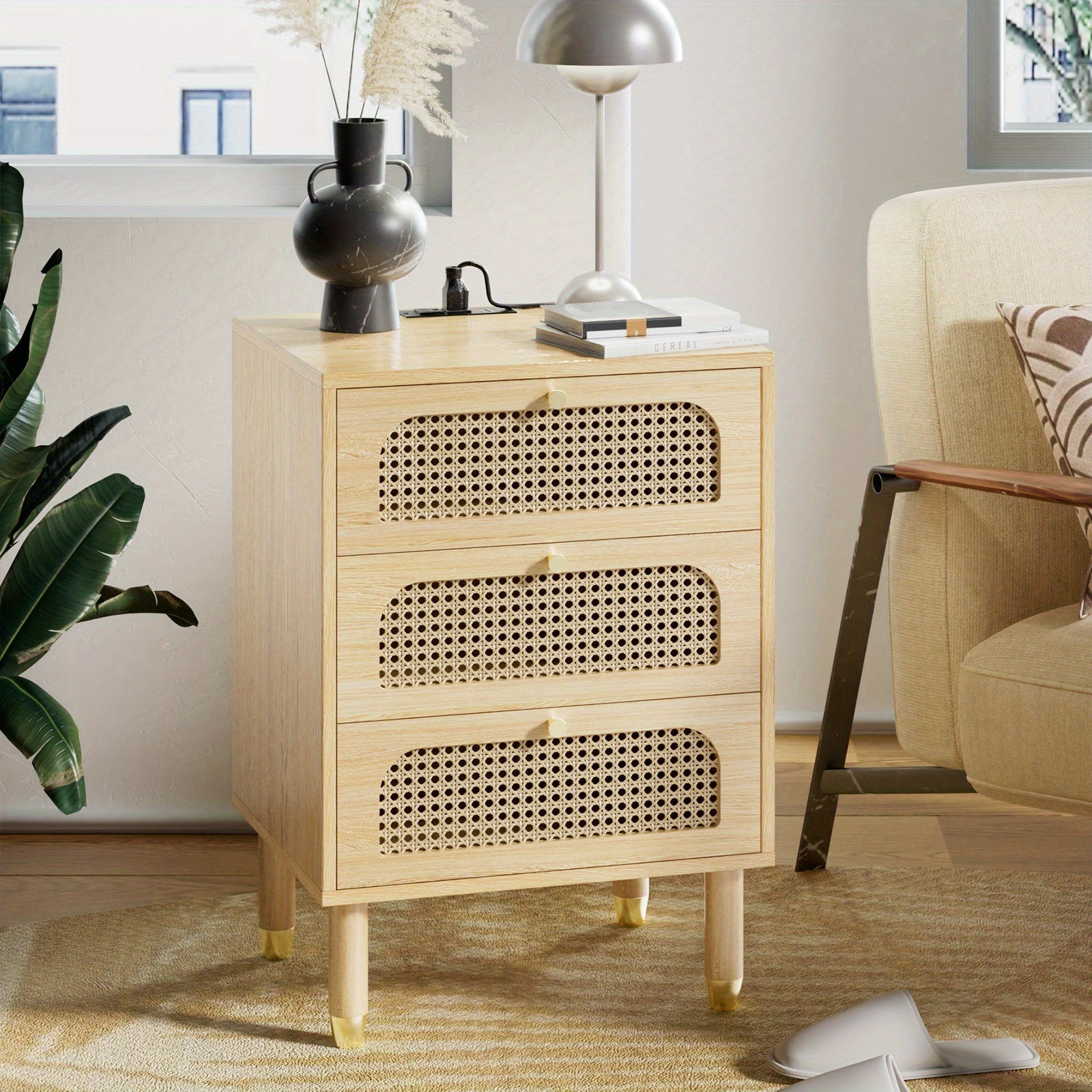 Wood Grain Color, MDF with Triamine Surface, Rattan Drawer Veneer, Solid Wood Legs, Three Drawers, Bedside Table