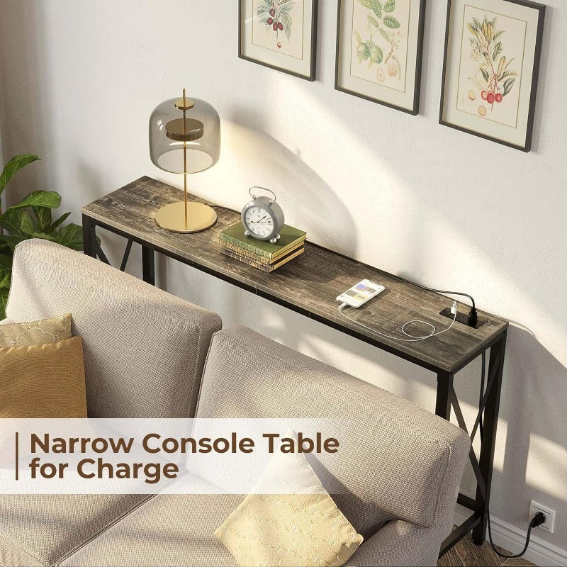 Console Table with Power Outlet, Sofa Table with Charging Station, Narrow Entryway Table, Skinny Hallway Table, Behind Couch Table 100 x 30/20, 140 x 30/20, 180 x 30/20 Farmhouse Table Behind Sofa Couch H