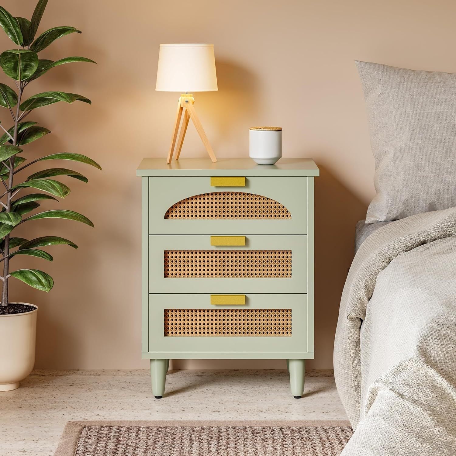 Mint Green Rattan Nightstand with 3 Drawers - Modern Wooden End Table for Living Room and Bedroom, Hardwood Storage Lockers for Organization, Bedside Table, Couch