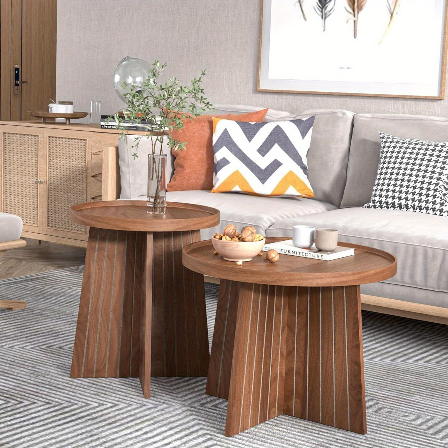 2piece Coffee Table Set - Piece Coffee Table Set Round Fluted Nesting Coffee Table - Living Room Furniture - Modern Home Decor - Solid Wood Base and Wood Grain Veneer Top (Walnut)