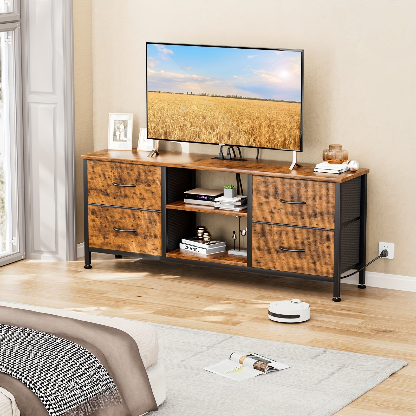 Dresser TV Stand With Power Outlet For 127cm TV, Long Dresser For Bedroom With 4 Fabric Drawers, Wide Console Table For Storage In Closet Living Room Entryway, Wood Top