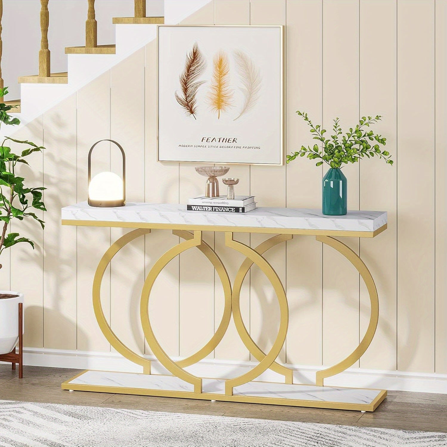 Golden Console Table, 140 cm Faux Marble Entryway Table Narrow Long Sofa Table, Modern Accent Table for Living Room, Entrance Table Geometric Metal Frame