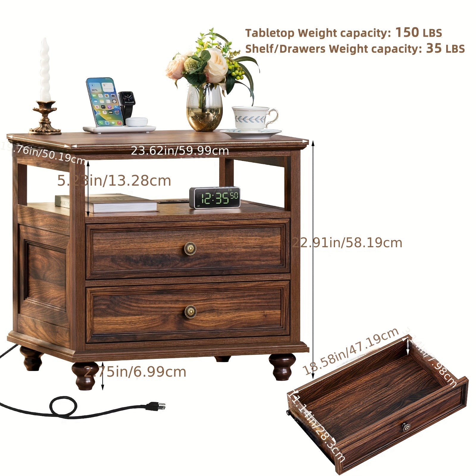 Farmhouse Nightstand With Charging Station, 23.6" Wide End Table With 2 Drawers, Brown Dresser For Bedroom, Bed Side Table Chest Of Drawers Cabinet, Wood Night Stand For Living Room, Closet