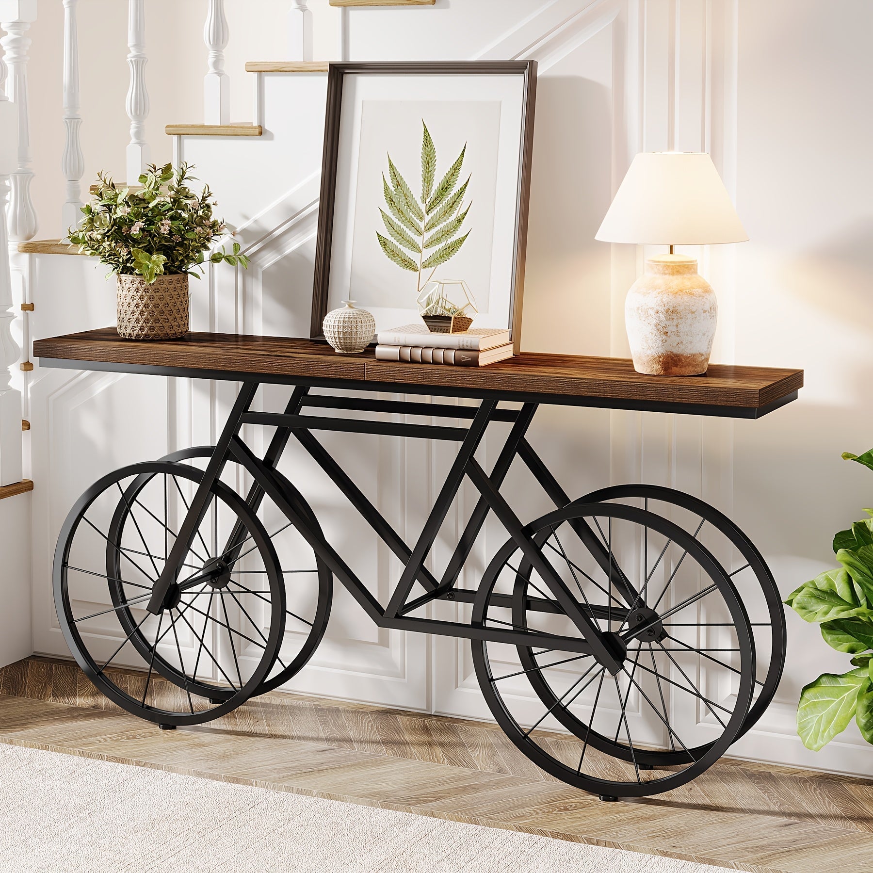 180 cm Farmhouse Extra Long Console Table, Modern Narrow Sofa Table with Bicycle Metal Base, Industrial Entryway Accent Table for Living Room, Bedroom, Hallway, Entrance, Foyer, Rustic Brown, Christmas