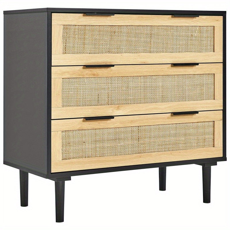 Boho Chic 3-Drawer Rattan Dresser with Black Metal Frame - Natural Woven Front Panels, Sturdy Handles & Legs for Bedroom, Living Room, Hallway Storage, Dresser for Bedroom