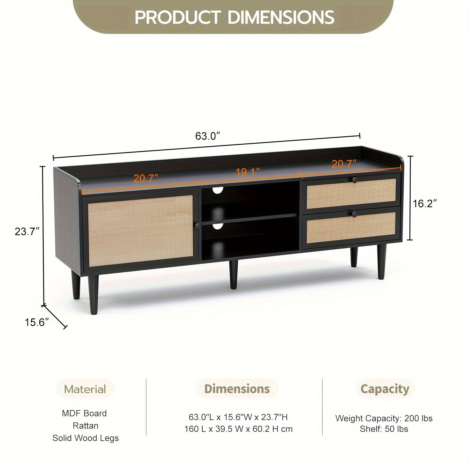 Rattan TV Stand 75 Inch TV, Mid Century Modern Media Entertainment Center With 2 Natural Rattan Drawers, Farmhouse Media TV Console With Natural Rattan Door For Living Room - Black/White/Wood